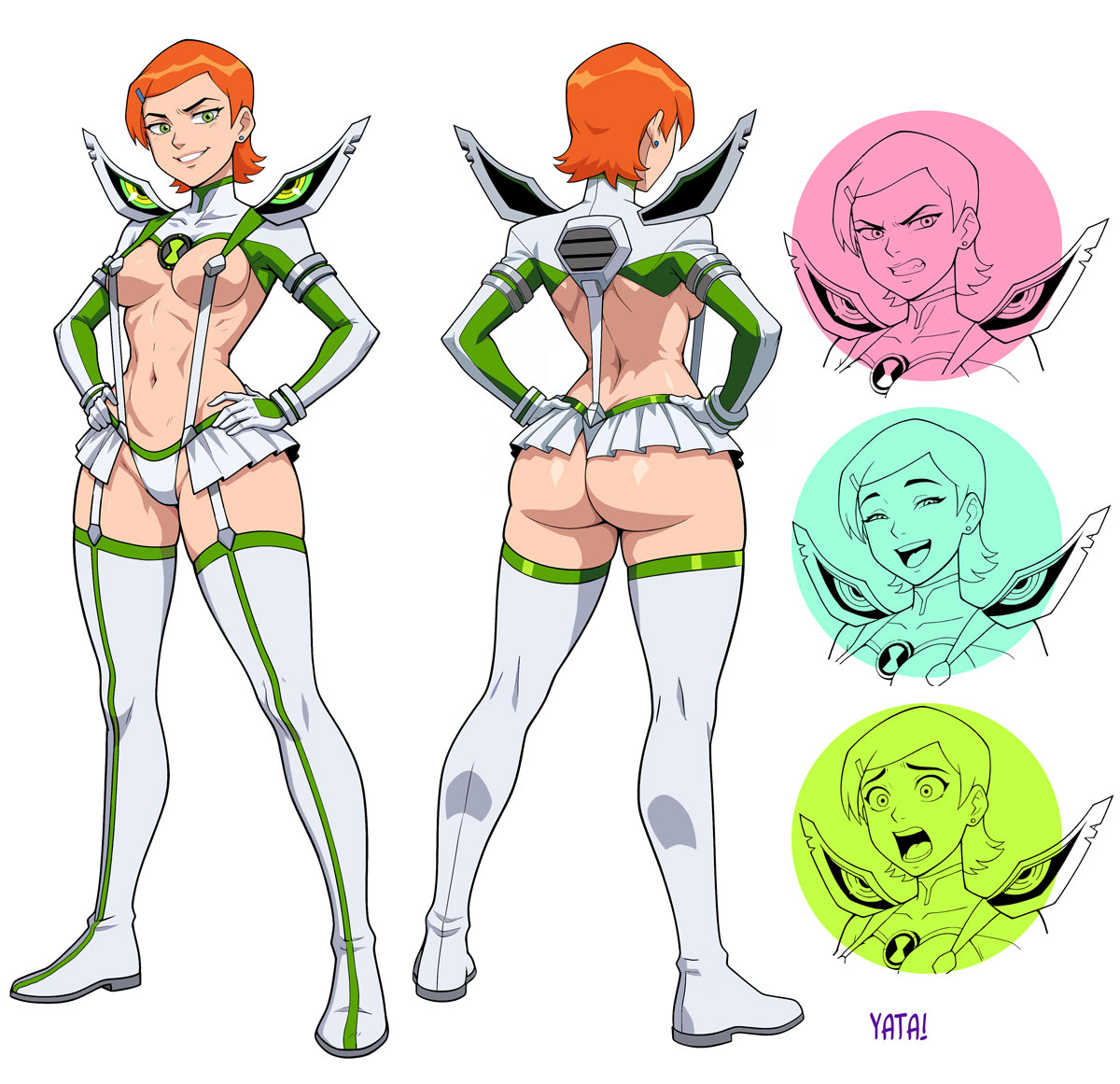 yatagarasupen, gwen tennyson, kamui (kill la kill), ben 10, kill la kill, 1girl, alternate costume, alternate universe, ass, breasts, facial expressions, green eyes, large breasts, orange hair, short hair