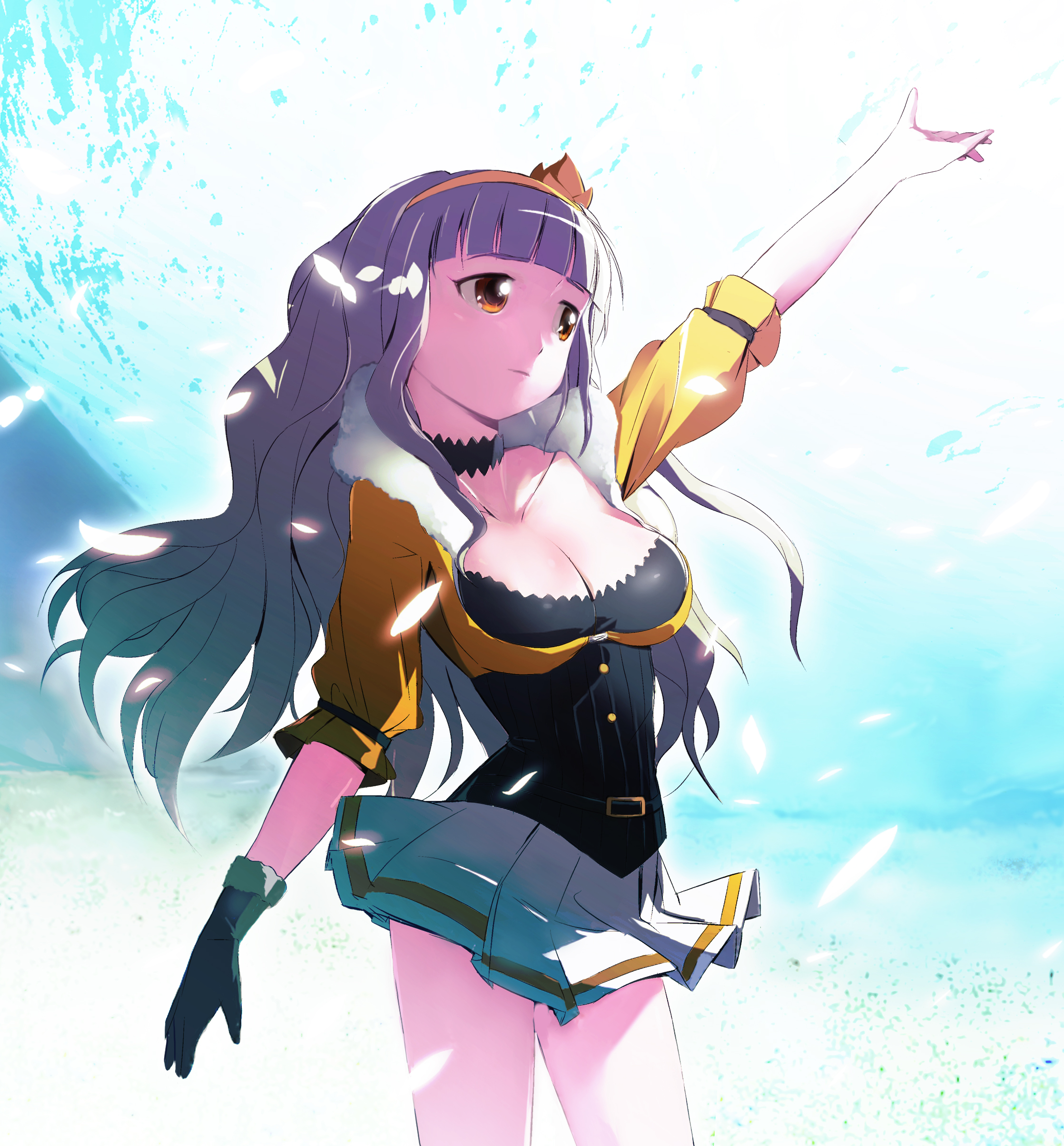 misagi nagu, shijou takane, idolmaster, idolmaster (classic), silver hair, absurdres, highres, 00s, 1girl, breasts, choker, cleavage, female focus, gloves, hairband, large breasts, long hair, moon, petals, red eyes, skirt, solo