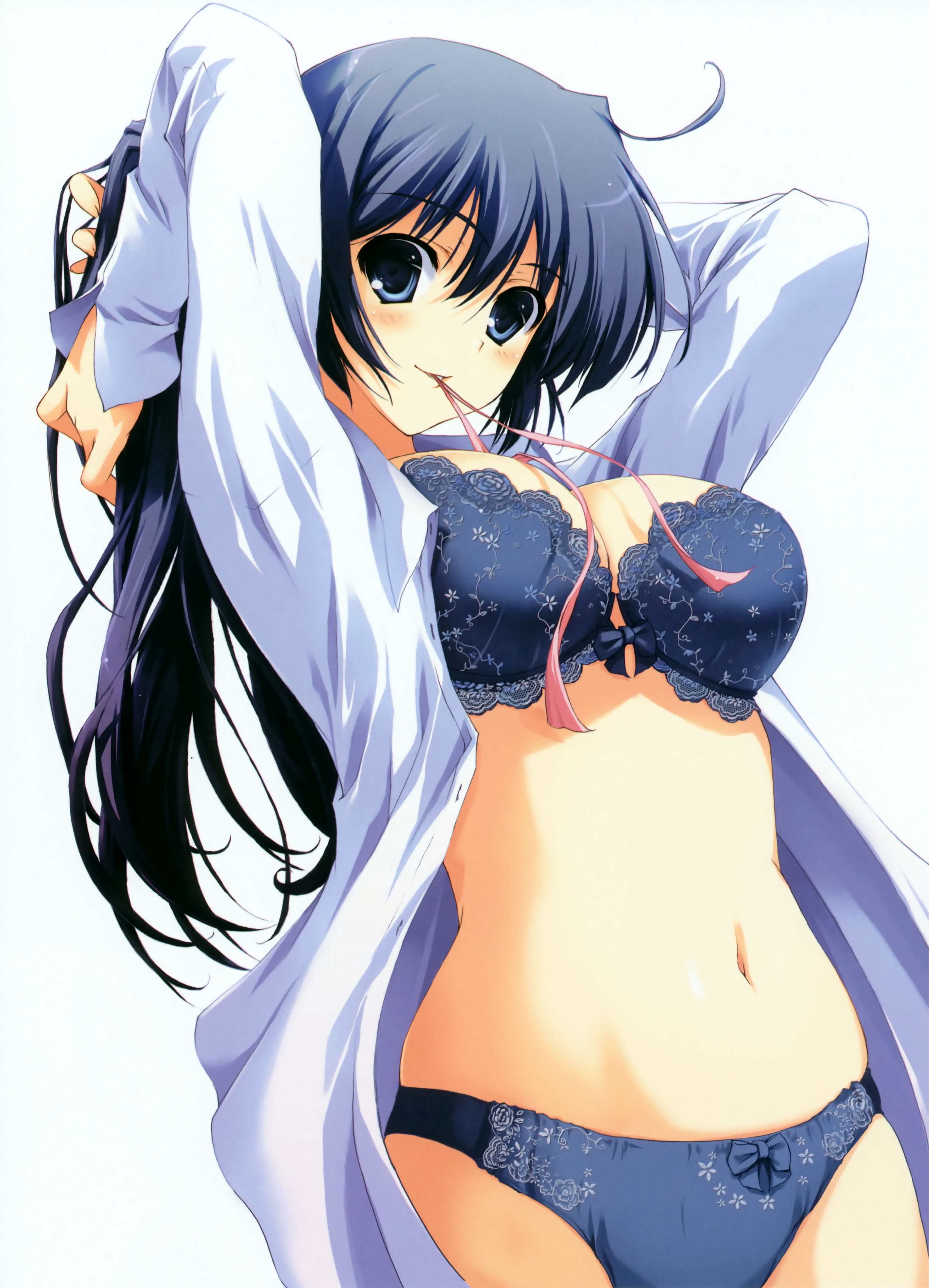 tomose shunsaku, absurdres, highres, 1girl, adjusting hair, ahoge, arms behind back, arms behind head, arms up, blue bra, blue eyes, blue hair, bottomless, bow, bow panties, bra, dress shirt, female focus, lingerie, long hair, matching hair/eyes, mouth hold, navel, no pants, open clothes, open shirt, panties, ribbon, shirt, solo, standing, underwear