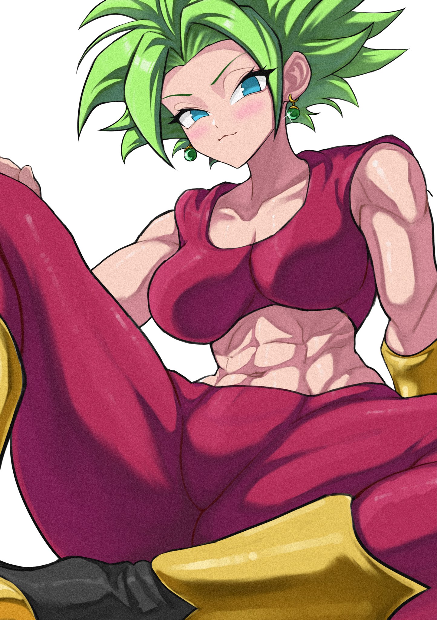 kefla (dragon ball), dragon ball, dragon ball super, highres, 1girl, blue eyes, blush, breasts, earrings, female focus, fusion, green hair, jewelry, large breasts, legendary super saiyan, looking at viewer, medium hair, muscular, muscular female, potara earrings, sitting, solo, spiked hair, super saiyan, takundraws