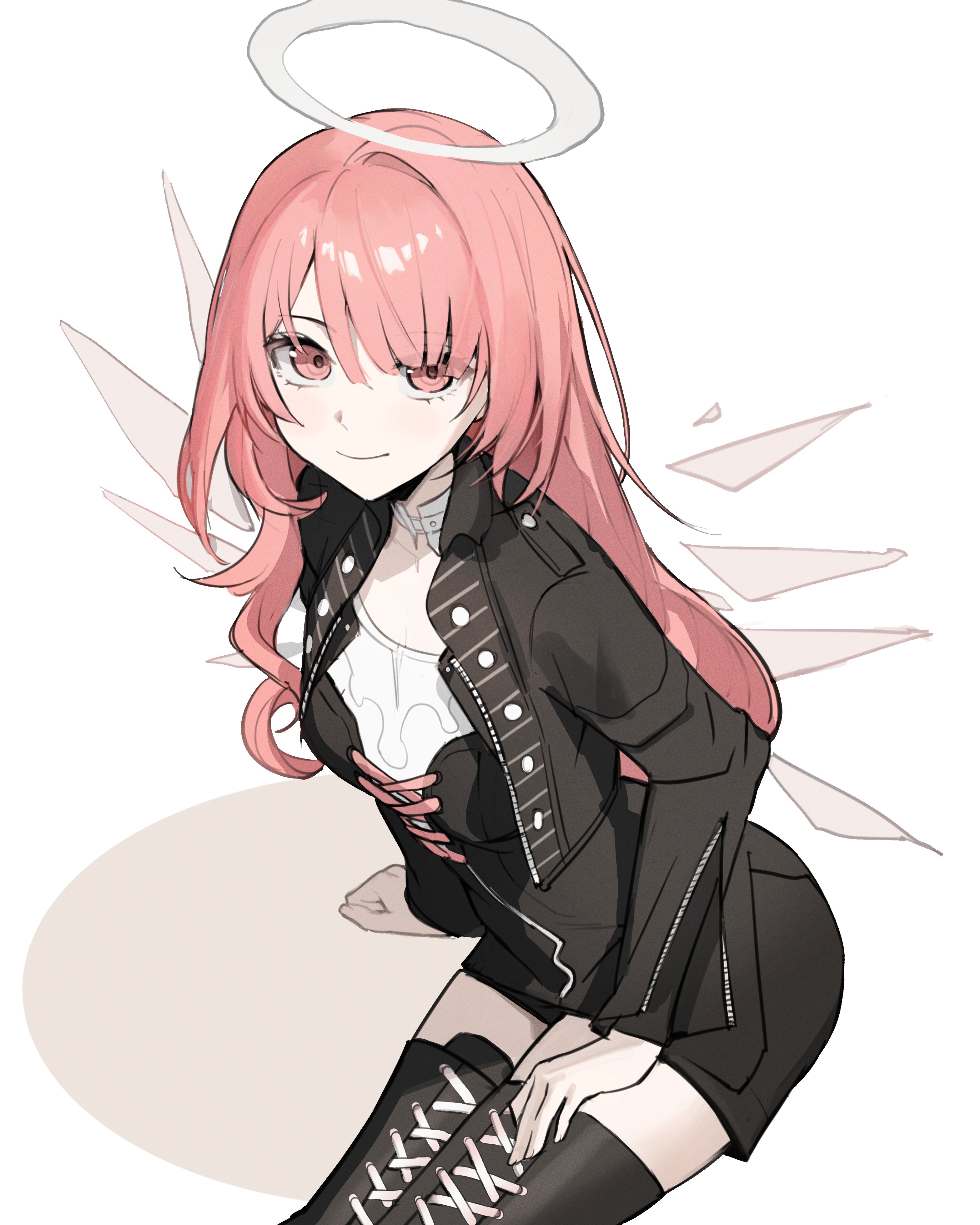 beruko14, lemuen (arknights), arknights, absurdres, commentary, highres, 1girl, black boots, black jacket, black skirt, boots, closed mouth, cowboy shot, detached wings, grey halo, halo, hand on own thigh, jacket, long sleeves, looking at viewer, open clothes, open jacket, pink eyes, pink hair, simple background, sitting, skirt, smile, solo, thigh boots, traditional halo, white background, wings, zipper