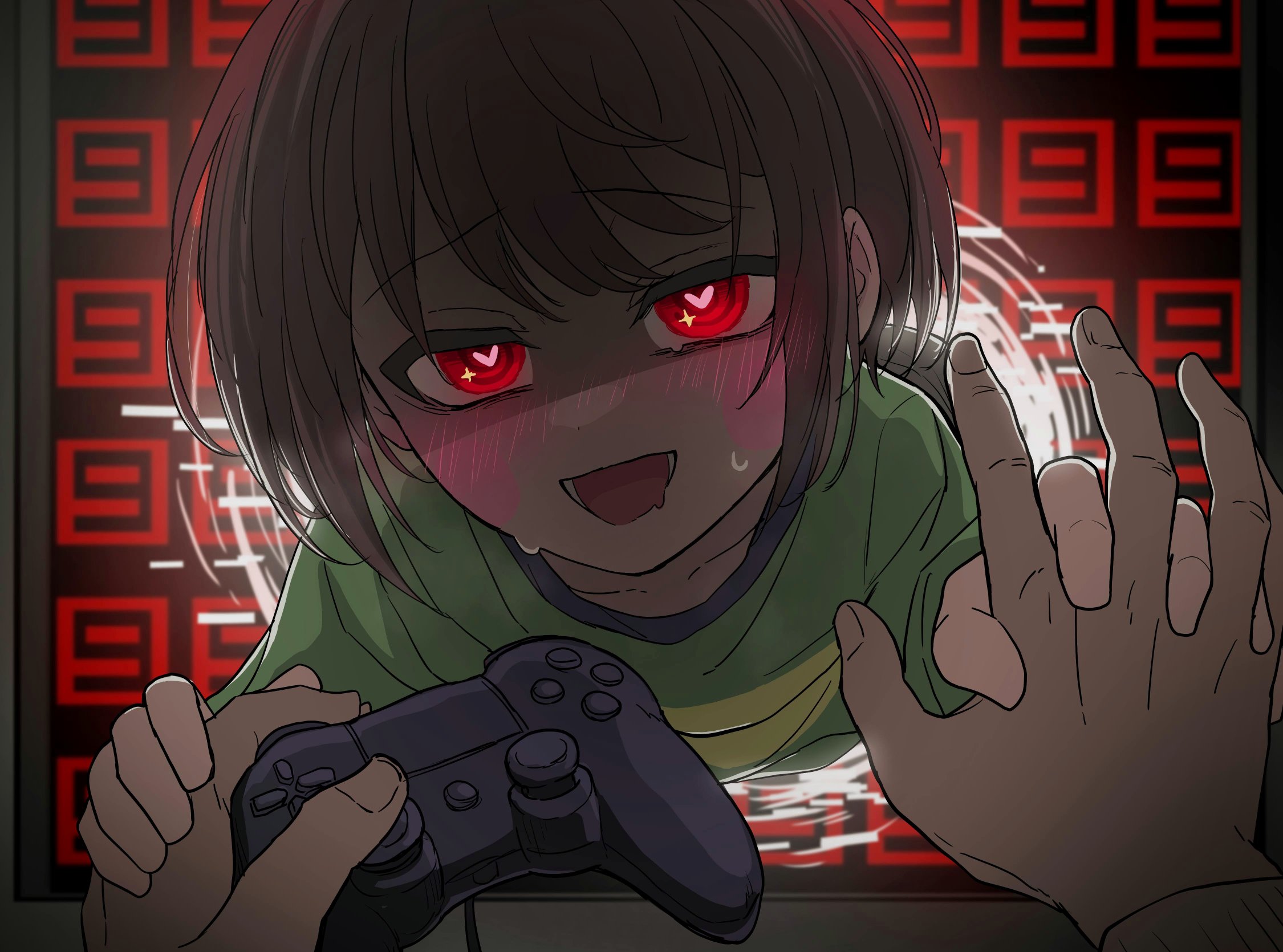 chara (undertale), undertale, utdr (toby fox), highres, 2others, agurunavyblue, ambiguous gender, blush, brown hair, controller, game controller, green sweater, heart, heart-shaped pupils, holding, holding controller, holding game controller, holding hands, looking at viewer, monitor, multiple others, sweat, sweater, symbol-shaped pupils