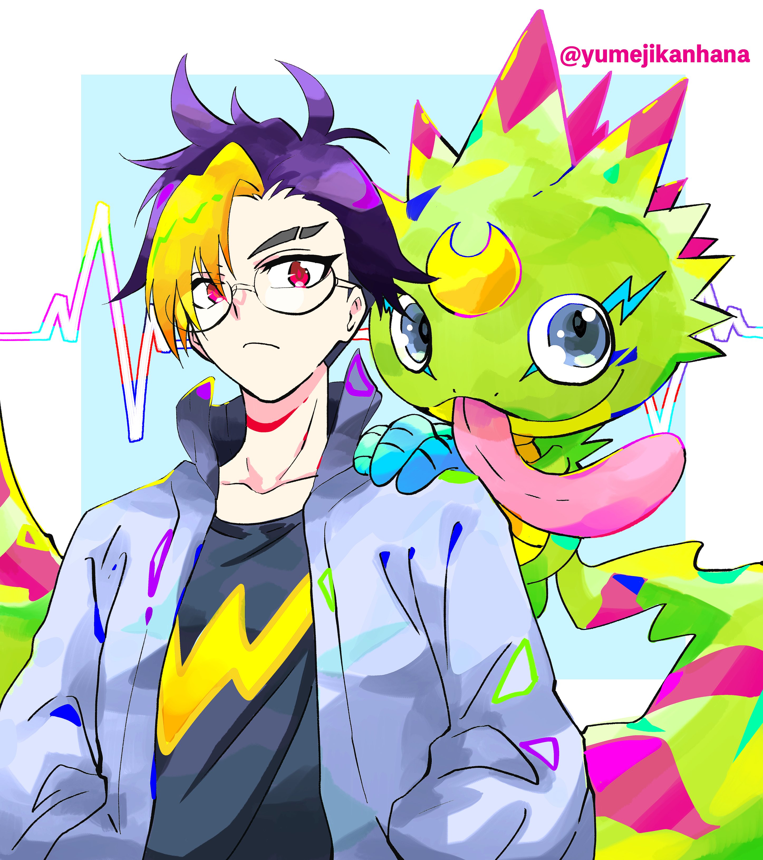 gekkomon, tenma tomoro, digimon, digimon beatbreak, absurdres, highres, 1boy, black shirt, blonde hair, blue hair, gecko, hands in pockets, jacket, male focus, multicolored hair, purple hair, shirt, short hair, tongue, tongue out, two-tone hair, upper body, white jacket, yumejikanhana