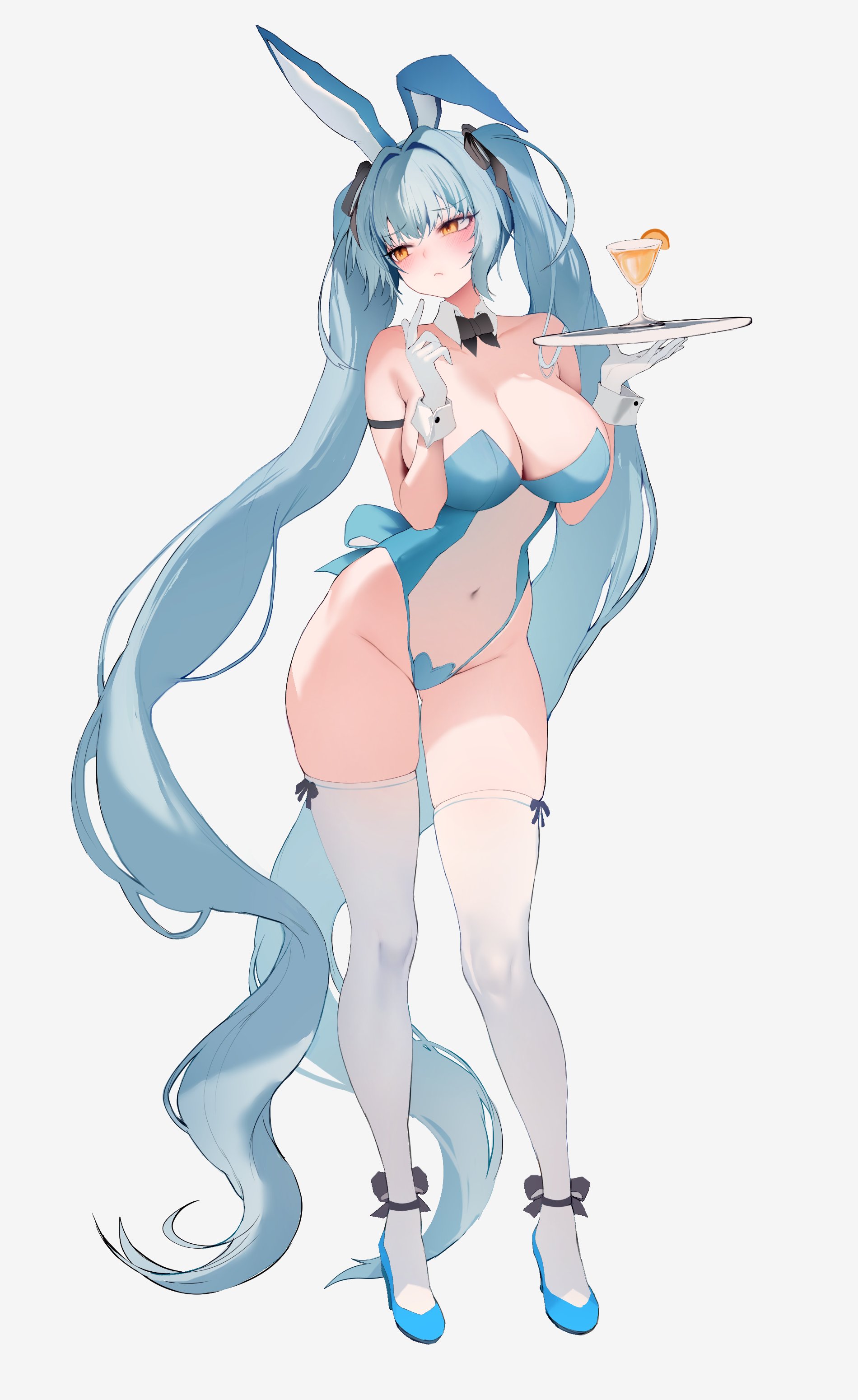 zerocat, privaty (nikke), goddess of victory: nikke, absurdres, highres, blue hair, breasts, cocktail, embarrassed, gloves, high heels, large breasts, looking to the side, playboy bunny, twintails