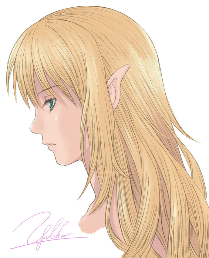 yukihiro, original, blonde hair, green eyes, long hair, pointy ears, signature, sketch, solo