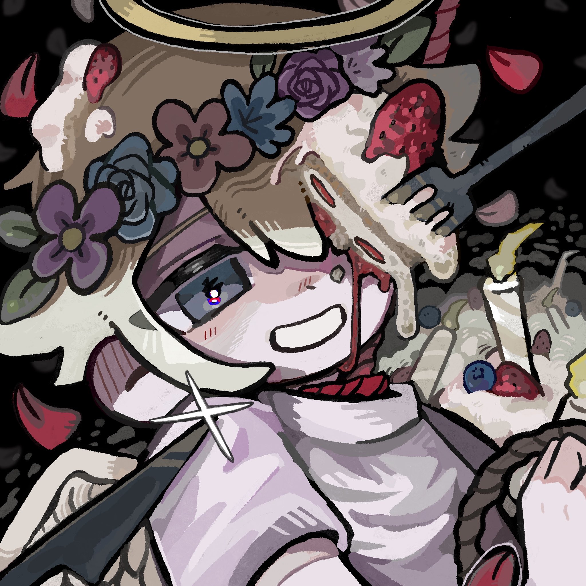 uminosoko44, basil (faraway) (omori), basil (omori), omori, highres, 1boy, :d, aged down, black background, blonde hair, blue eyes, blue flower, blue rose, blueberry, cake, candle, flower, flower wreath, food, food on head, fork, fruit, grin, halo, hand up, head wreath, holding, holding rope, kitchen knife, knife, leaf, looking at viewer, male focus, noose, object on head, official alternate costume, open mouth, pale skin, purple flower, purple rose, red flower, rope, rose, shaded face, shirt, short hair, short sleeves, simple background, smile, solo, sparkle, strawberry, strawberry cake, turtleneck, turtleneck shirt, underlighting, upper body, white shirt, yellow halo