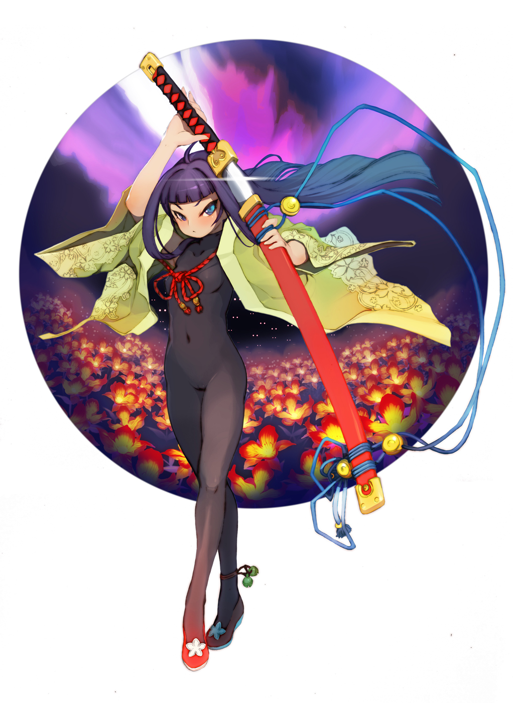 tsunekun, ran (7th dragon), samurai (7th dragon), 7th dragon, 7th dragon (series), bad id, bad pixiv id, highres, 1girl, anklet, blue eyes, blue hair, blush, bodysuit, cameltoe, crossed legs, female focus, floro (7th dragon), flower, hime cut, holding, holding sword, holding weapon, huge weapon, jewelry, katana, latex, legs, lingerie, long hair, long legs, matching hair/eyes, no bra, no panties, outside border, round image, see-through clothes, sheath, skin tight, solo, standing, sword, tassel, tight clothes, tsurime, underwear, unsheathing, watson cross, weapon