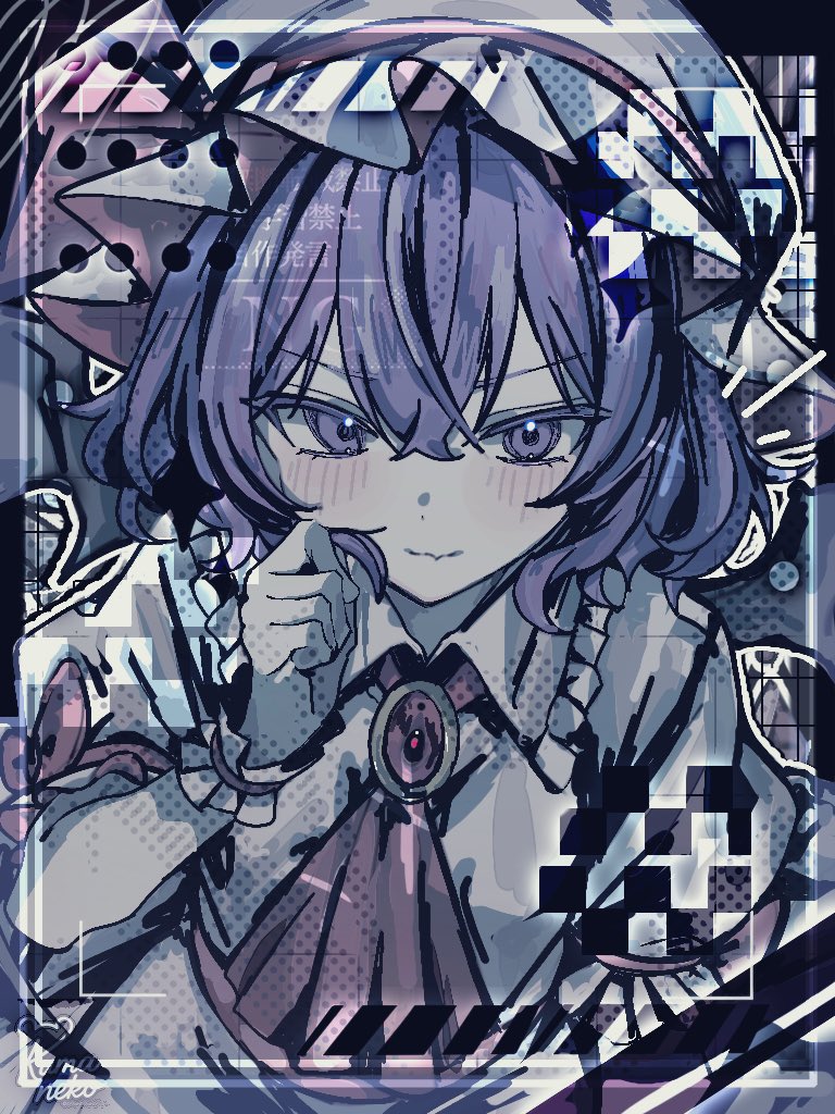 remilia scarlet, touhou, commentary request, 69on, bat wings, blue eyes, blue hair, brooch, hair between eyes, hat, hat ribbon, jewelry, looking at viewer, mob cap, puffy short sleeves, puffy sleeves, ribbon, short hair, short sleeves, wings, wrist cuffs