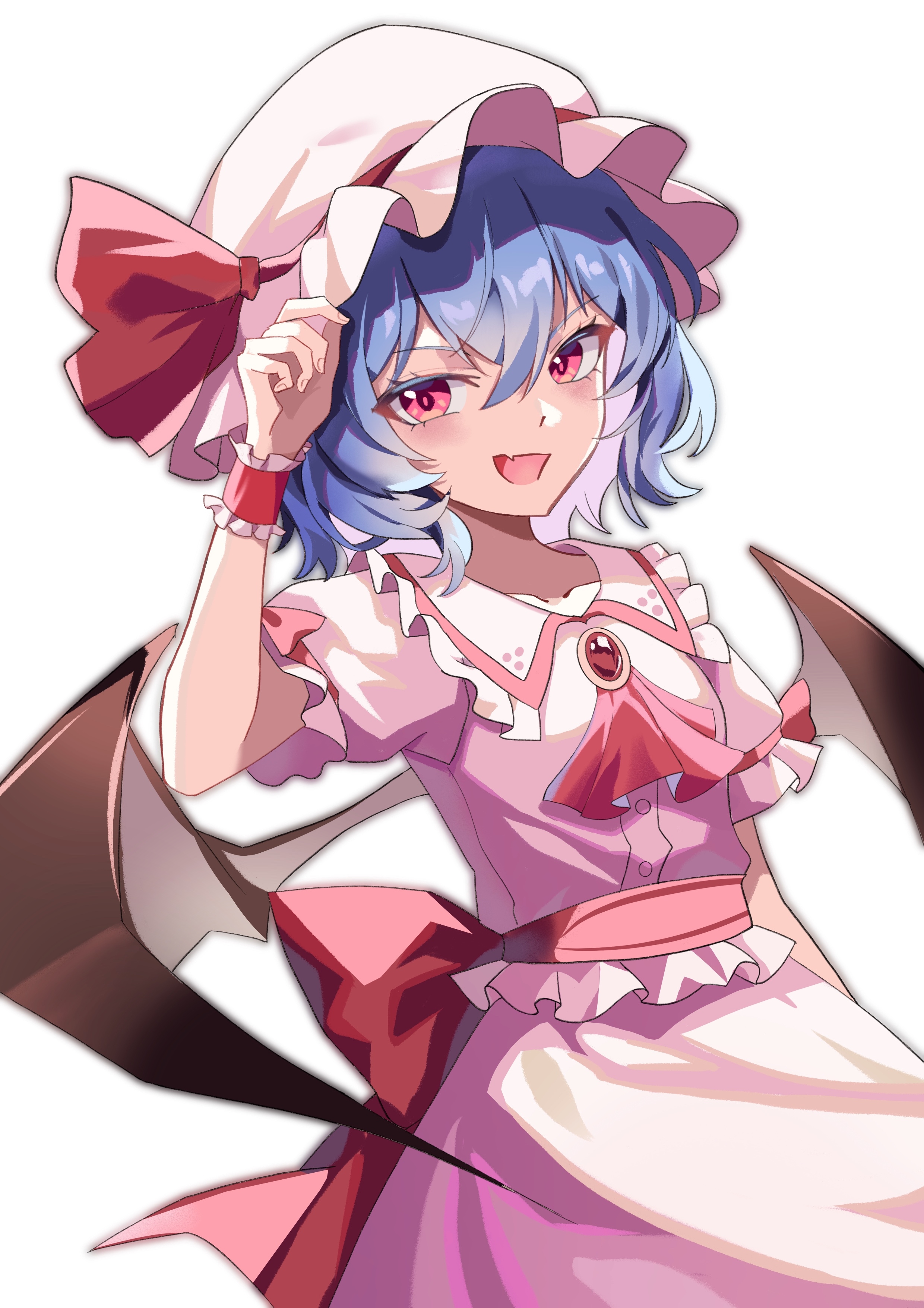 modyce, remilia scarlet, touhou, absurdres, highres, 1girl, ascot, bat wings, blue hair, brooch, collared shirt, fang, frilled shirt collar, frills, hair between eyes, hat, hat ribbon, jewelry, looking at viewer, mob cap, open mouth, pink hat, pink shirt, pink skirt, puffy short sleeves, puffy sleeves, red ascot, red eyes, red ribbon, ribbon, shirt, short hair, short sleeves, simple background, skin fang, skirt, skirt set, solo, white background, wings, wrist cuffs