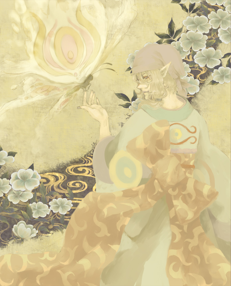 enozuki, kusuriuri (mononoke), mononoke, 00s, 1boy, bandana, blonde hair, bug, butterfly, facepaint, flower, japanese clothes, kimono, looking back, makeup, male focus, obi, pale color, pointy ears, sash, solo, stream