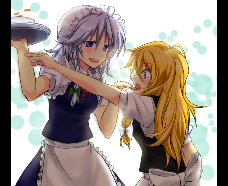 tsujigiri, izayoi sakuya, kirisame marisa, touhou, silver hair, 2girls, blonde hair, blue eyes, braid, feeding, female focus, long hair, maid, multiple girls, tray, twin braids