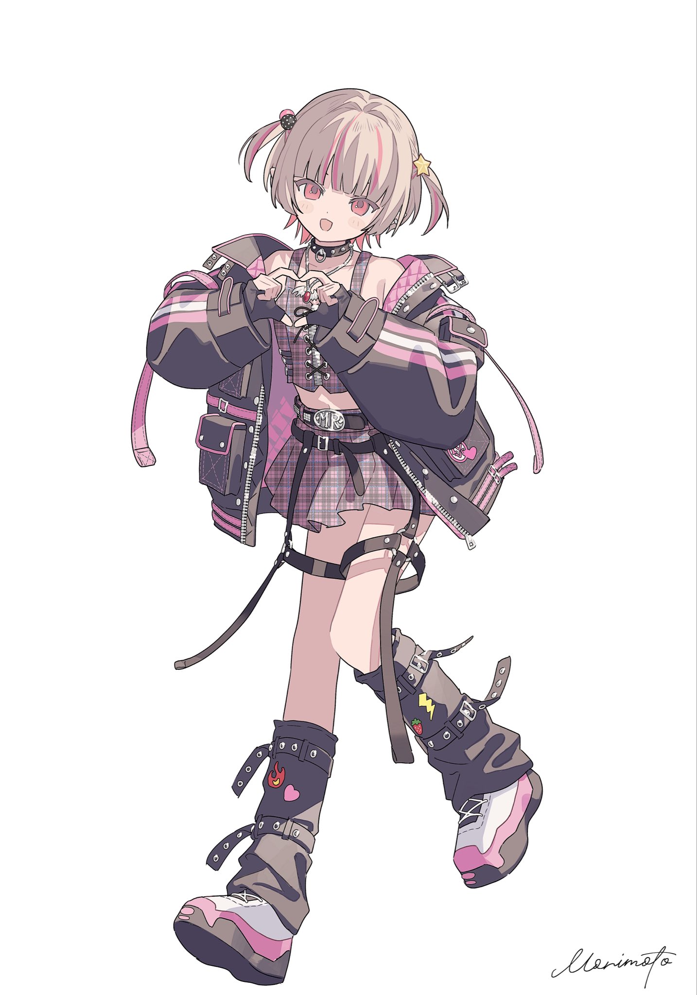 moo n moko, makaino ririmu, makaino ririmu (6th costume), nijisanji, highres, 1girl, arm belt, belt, belt buckle, black belt, black collar, black jacket, black leg warmers, black straps, blunt bangs, blush, buckle, chain, chain necklace, collar, collarbone, colored inner hair, crop top, cross-laced clothes, cross-laced top, ear cuffs, fingerless gloves, flame print, food print, four-finger heart hands, fruit print, full body, gloves, grey hair, hair bobbles, hair intakes, hair ornament, heart, heart hands, heart print, jacket, jewelry, leg belt, leg warmers, lightning bolt print, looking at viewer, loose belt, midriff, miniskirt, multicolored hair, multiple belts, navel, necklace, no headwear, o-ring, o-ring thigh strap, open clothes, open jacket, open mouth, pendant, pink belt, pink hair, pink jacket, pink shoes, pink skirt, pink streaks, plaid clothes, plaid skirt, pleated skirt, pointy ears, red eyes, shoes, short hair, signature, simple background, skirt, sleeves past wrists, smile, solo, spiked collar, spikes, standing, standing on one leg, star (symbol), strawberry print, streaked hair, studded belt, thigh strap, two-sided fabric, two-sided jacket, two-tone hair, two side up, unbuttoned, unzipped, virtual youtuber, white background, wolf cut, zipper top
