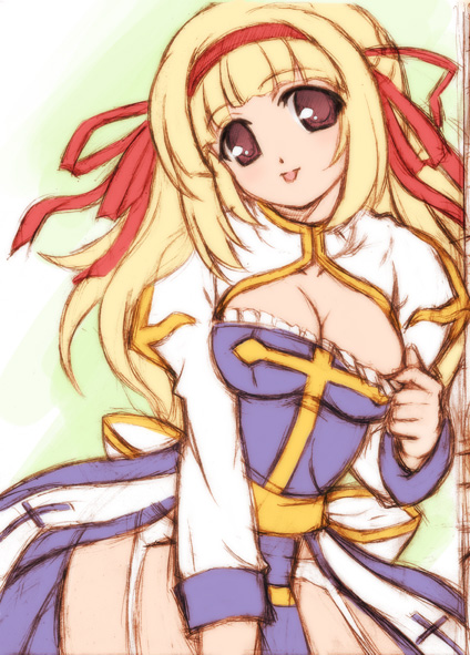 mini koala, arch bishop (ragnarok online), archbishop (ro), ragnarok online, bad id, bad pixiv id, 1girl, blonde hair, breasts, brown eyes, cleavage, female focus, garter belt, large breasts, long hair, ribbon, solo