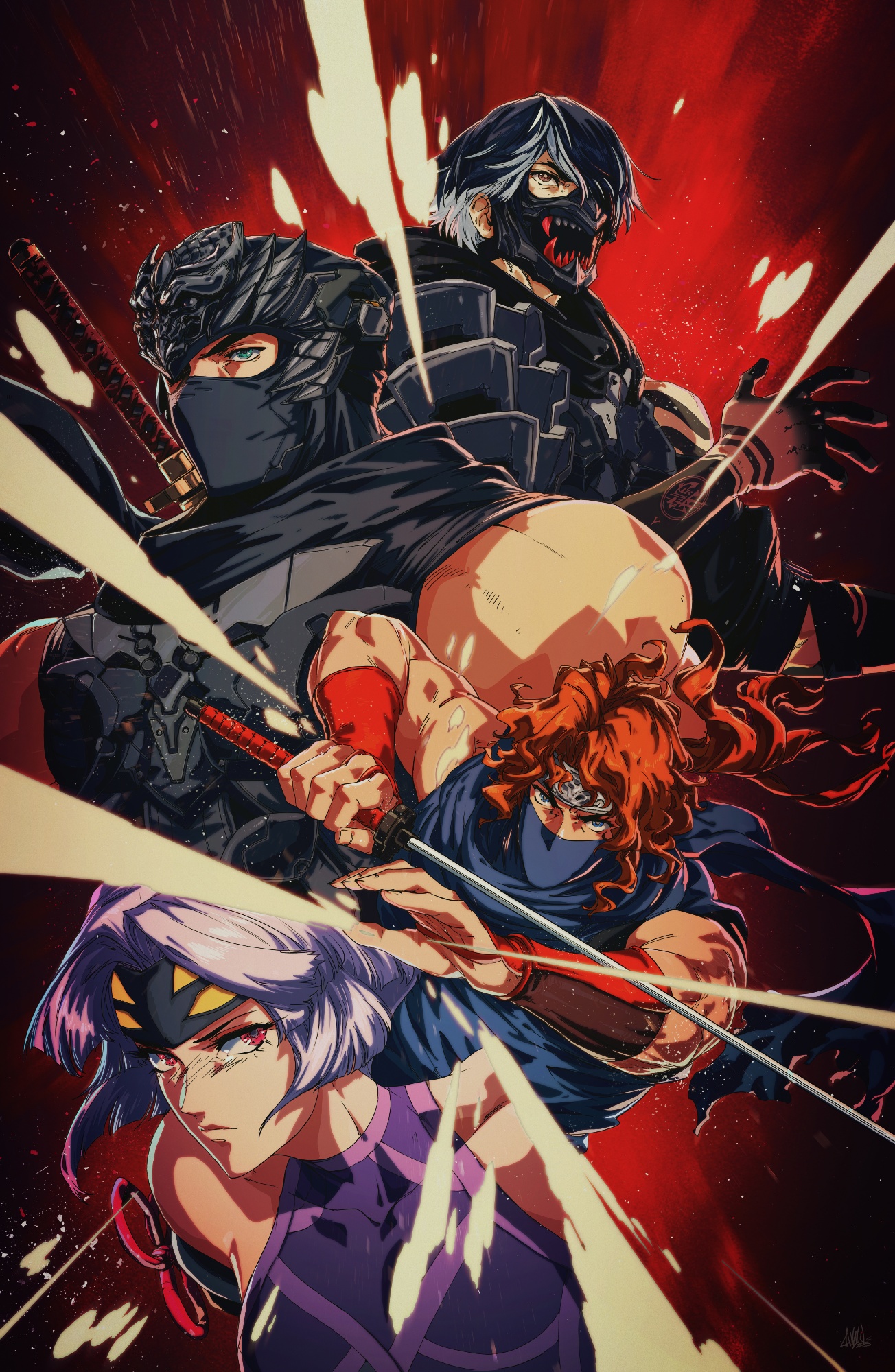 david liu, kumori (ninja gaiden), ryu hayabusa, yakumo (ninja gaiden), ninja gaiden, ninja gaiden 4, ninja gaiden ragebound, highres, official art, 1girl, 3boys, arm guards, forehead protector, headband, holding, holding sword, holding weapon, in-franchise crossover, katana, kenji (ninja gaiden), looking at viewer, mask, mouth mask, multiple boys, muscular, muscular male, ninja, purple hair, sword, weapon