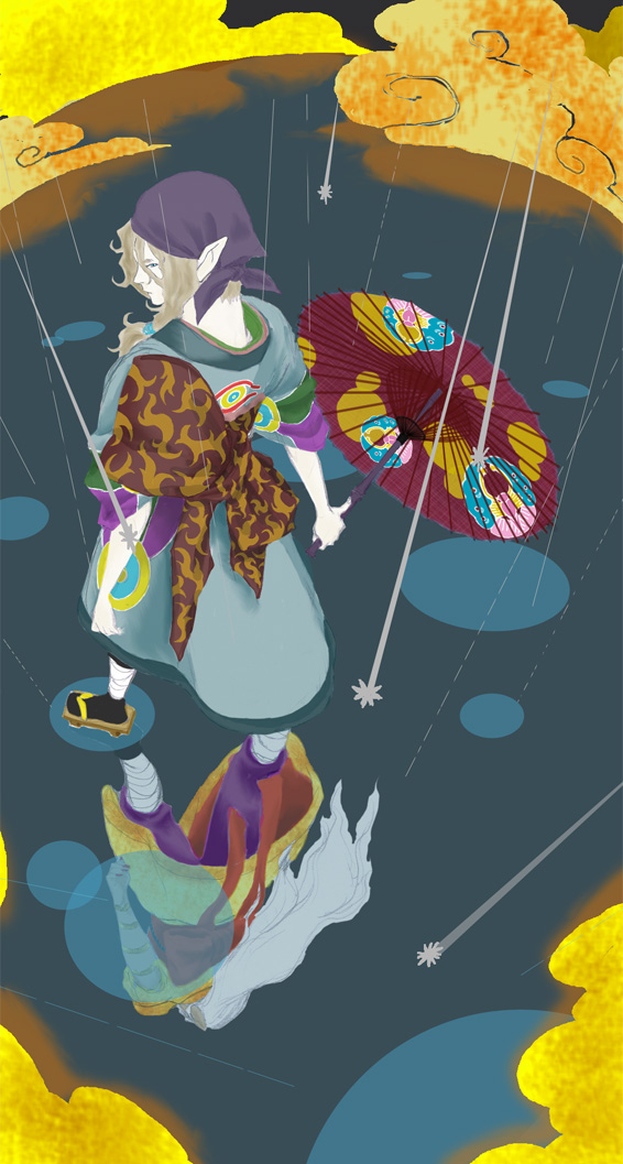 kusuriuri (mononoke), mononoke, 00s, 1boy, bandages, bandana, blonde hair, cloud, contrast, different reflection, dual persona, falling, from above, geta, japanese clothes, kimono, long hair, male focus, obi, oil-paper umbrella, pointy ears, reflection, sandals, sash, solo, umbrella, white hair, wrappings