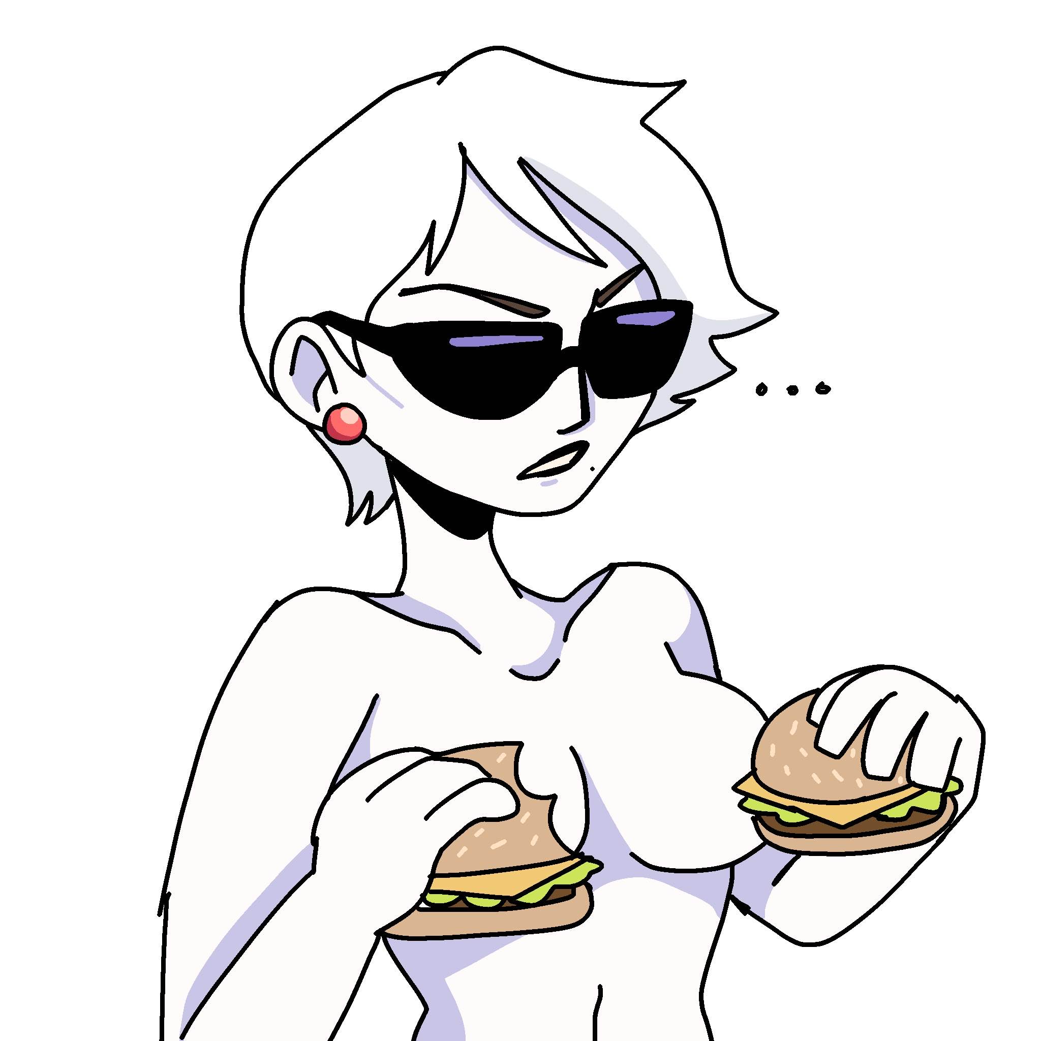 strangelove, metal gear (series), artist request, highres, non-web source, …, albino, breasts, burger, censored, earrings, food, jewelry, mole, pale skin, single earring, sunglasses, toon (style), white background, white hair