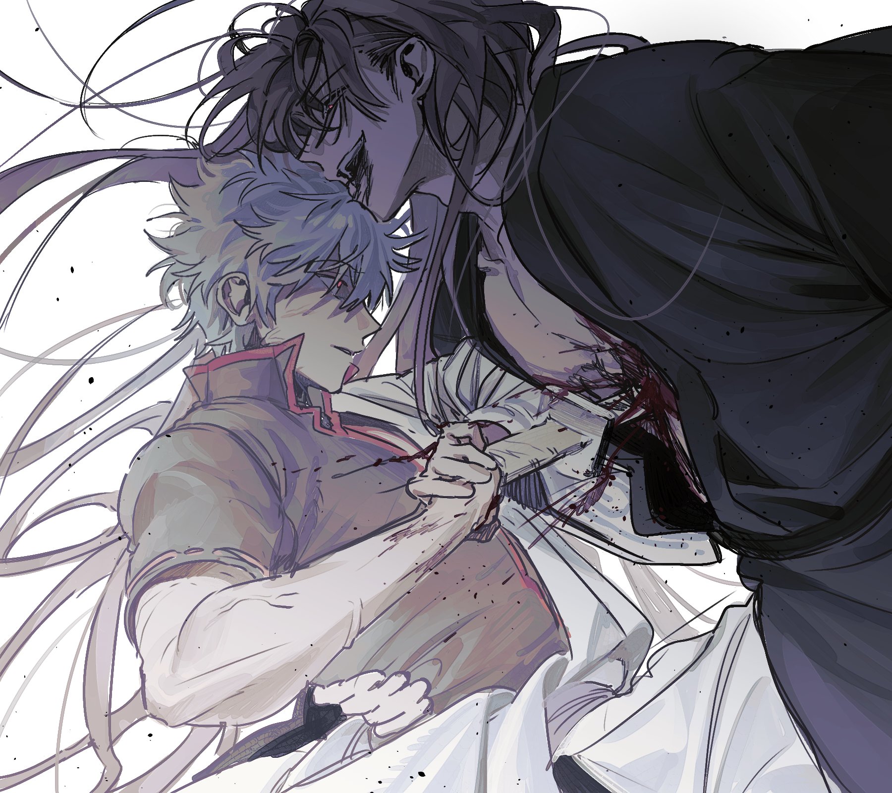 sakata gintoki, yoshida shouyou, gintama, commentary request, highres, korean commentary, 2boys, black kimono, bleeding, blood, blood from mouth, blood on chest, blood on clothes, blood on face, blood on hands, cuts, floating hair, from side, grey hair, grey shirt, hadanugi dousa, injury, japanese clothes, katana, kimono, long hair, long sleeves, looking at another, male focus, messy hair, multiple boys, nuignuig, open clothes, open kimono, open mouth, pectorals, popped collar, profile, red eyes, shirt, short hair, short sleeves, smile, stab, sword, teacher and student, teeth, toned, toned male, very long hair, weapon, white background, white kimono, wide sleeves