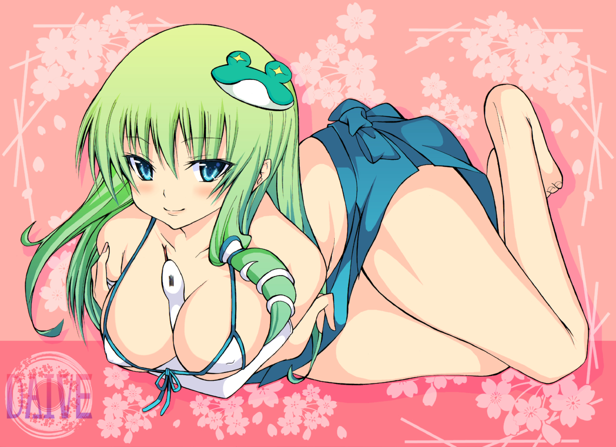 daive, kochiya sanae, touhou, bad id, bad pixiv id, + +, 1girl, artistic error, bad anatomy, bad feet, barefoot, between breasts, bikini, blue eyes, breasts, cleavage, feet, female focus, frog, green hair, hair ornament, large breasts, poorly drawn, sexually suggestive, short hair, smile, snake, solo, swimsuit, white bikini