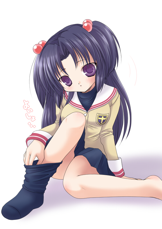 narimiya momone, ichinose kotomi, clannad, 00s, 1girl, bad anatomy, barefoot, blue hair, female focus, hair bobbles, hair ornament, long hair, poorly drawn, purple eyes, school uniform, socks, solo, twintails, two side up