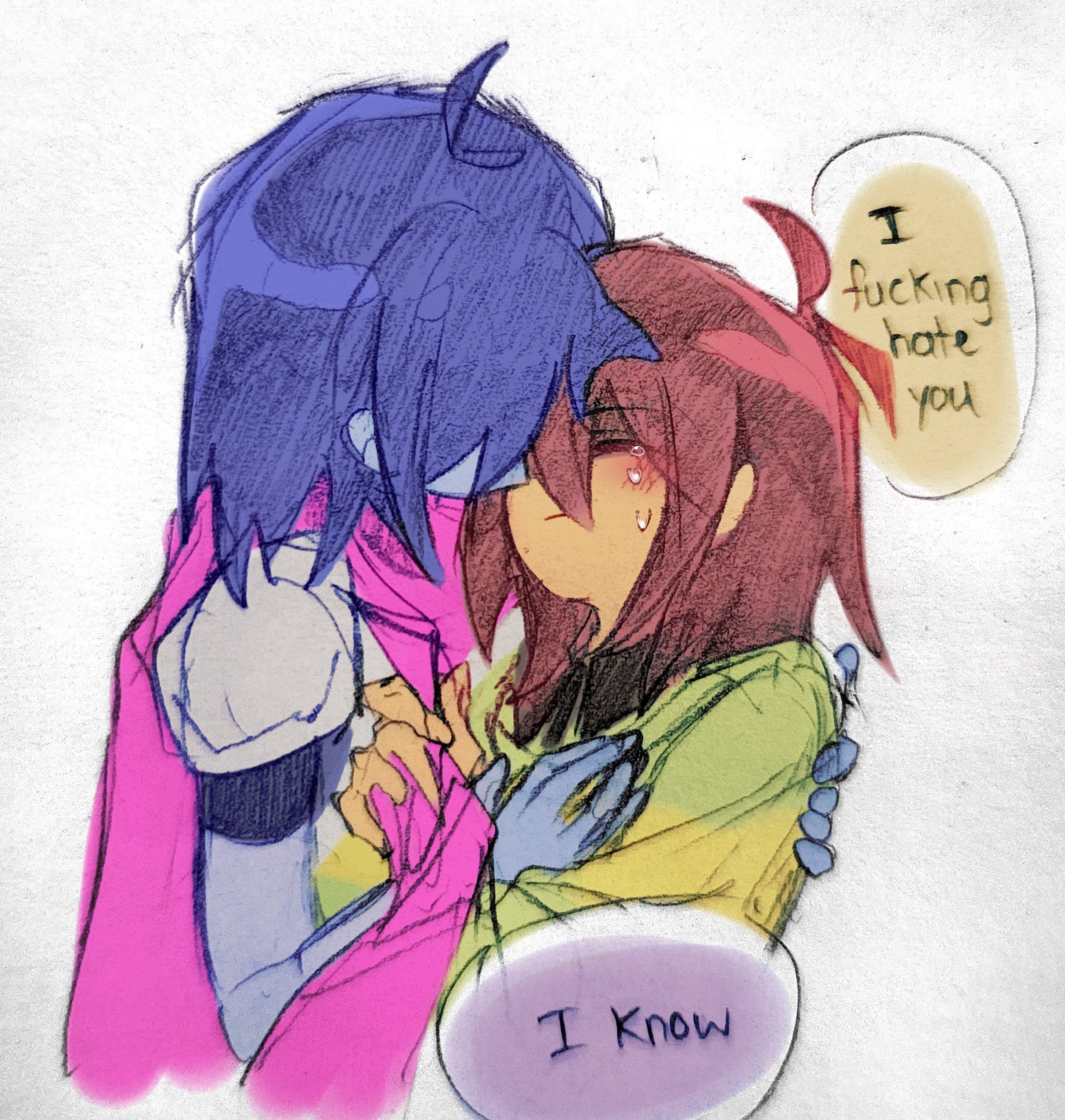kris (dark world) (deltarune), kris (deltarune), deltarune, utdr (toby fox), absurdres, commentary, highres, symbol-only commentary, 2others, antenna hair, armor, bare arms, blue hair, blue skin, blush, brown hair, closed mouth, colored skin, cropped torso, crying, crying with eyes open, dual persona, english text, erynecad, film grain, green sweater, hair between eyes, hand on another's chest, hand on another's shoulder, hatching (texture), long sleeves, looking at another, medium hair, multiple others, no gloves, other with other, pink scarf, pulling another's clothes, red eyes, scarf, selfcest, shaded face, shoulder armor, simple background, striped clothes, striped sweater, sweater, tears, two-tone sweater, white background, yellow sweater