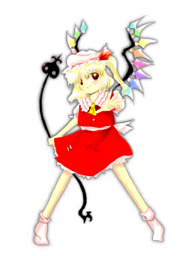 zun (artist), flandre scarlet, embodiment of scarlet devil, touhou, commentary request, 1girl, ascot, back bow, blonde hair, blush, bow, closed mouth, collared shirt, crystal, frilled shirt collar, frilled sleeves, frills, full body, hat, hat bow, laevatein (touhou), medium hair, mob cap, one side up, outstretched arm, parody, pink bow, pink hat, pink shirt, puffy short sleeves, puffy sleeves, red bow, red eyes, red skirt, red vest, shirt, short sleeves, sketch, skirt, skirt set, smile, solo, spread legs, standing, vest, white background, white hat, wings, yellow ascot, zun pose