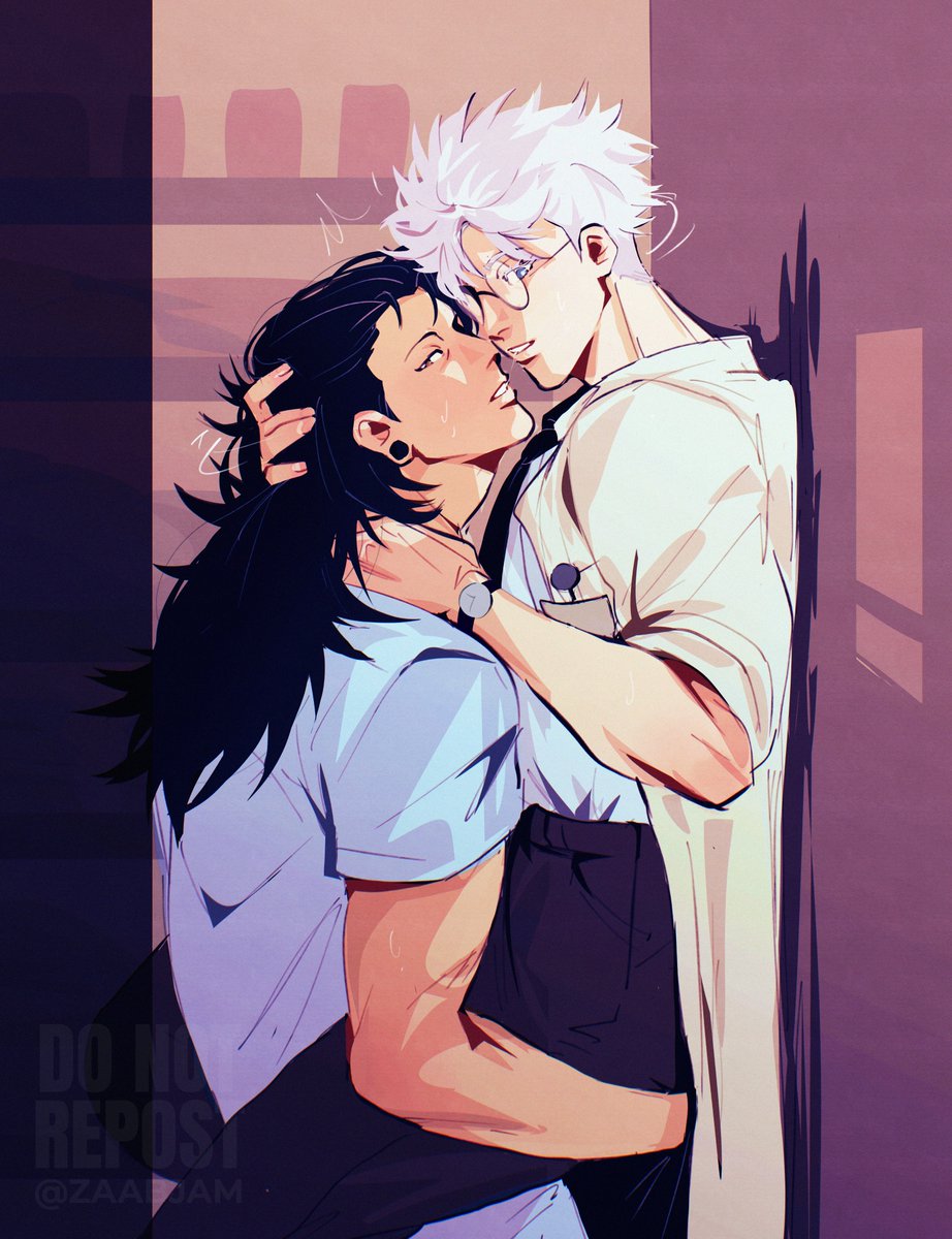 getou suguru, gojou satoru, jujutsu kaisen, highres, 2boys, after kiss, alternate costume, black hair, blue eyes, caught, ear piercing, long hair, male focus, multiple boys, piercing, plug (piercing), round eyewear, saliva, saliva trail, short hair, twitter username, watch, watermark, white hair, wristwatch, yaoi, zaabjam