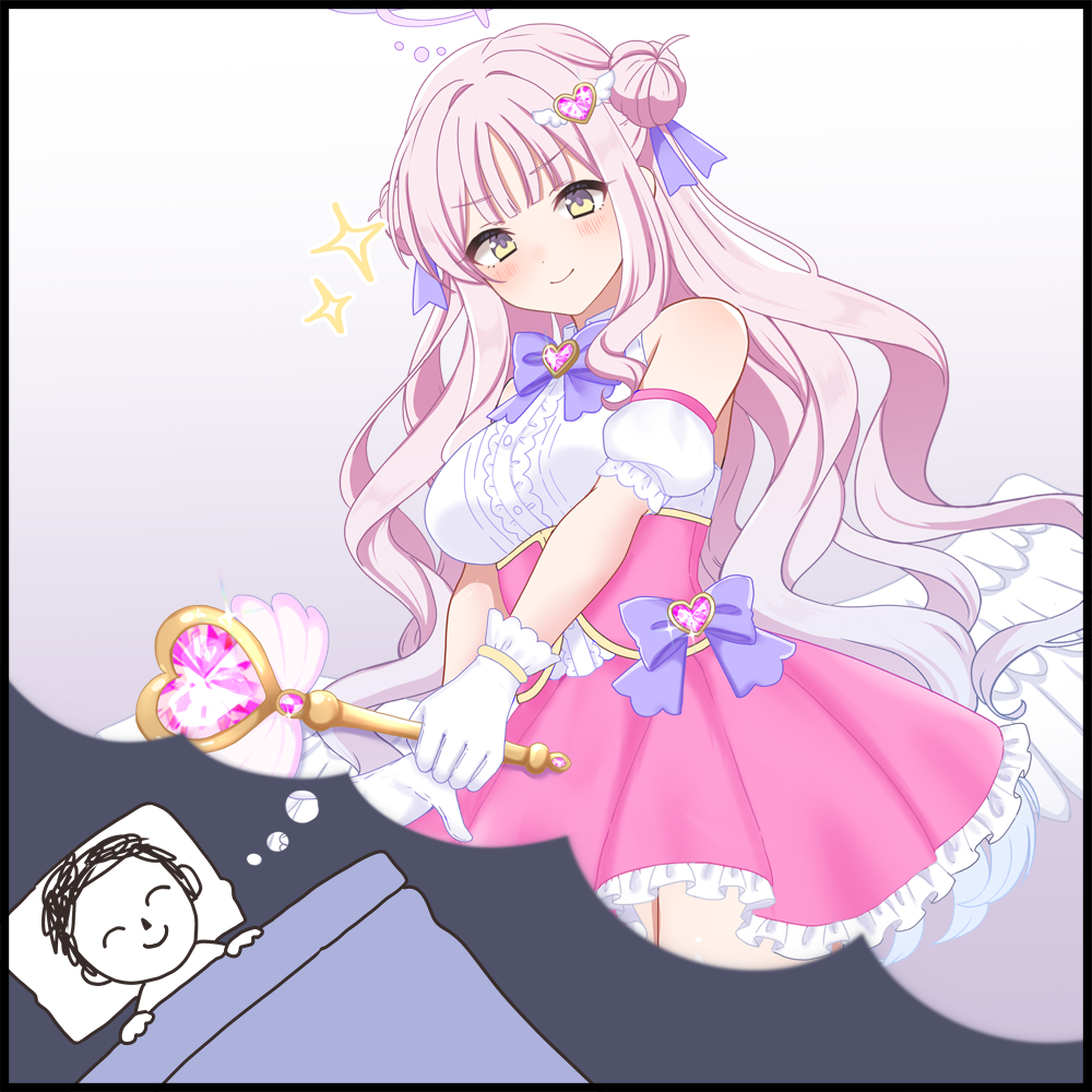madakimetanai, doodle sensei (blue archive), mika (blue archive), sensei (blue archive), blue archive, 1boy, 1girl, angel wings, blush, closed mouth, detached sleeves, dreaming, dress, feathered wings, gloves, hair bun, hair ornament, halo, heart, heart hair ornament, holding, holding wand, long hair, low wings, magical girl, pink dress, pink hair, pink halo, puffy short sleeves, puffy sleeves, purple eyes, short sleeves, single hair bun, single side bun, sleeveless, sleeveless dress, smile, very long hair, wand, white gloves, white wings, wings