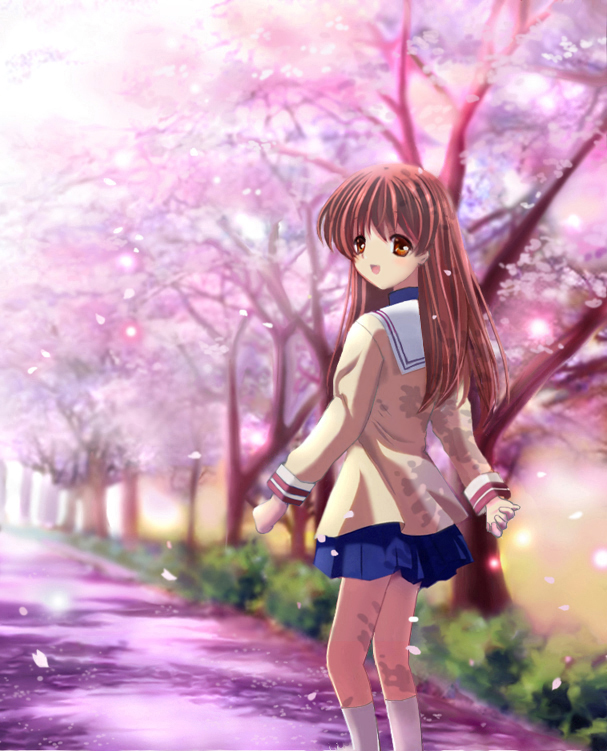 chocolat., girl from the illusionary world, okazaki ushio, clannad, bad id, bad pixiv id, spoilers, 00s, aged up, brown eyes, brown hair, cherry blossoms, long hair, looking back, school uniform, solo, sparkle, walking