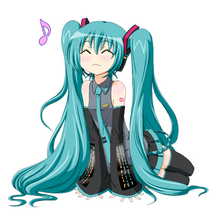 ino (magloid), ino (plan303e), hatsune miku, vocaloid, :3, ^ ^, aqua hair, arm support, bare shoulders, blush, closed eyes, detached sleeves, long hair, musical note, necktie, skirt, solo, thighhighs, twintails, very long hair