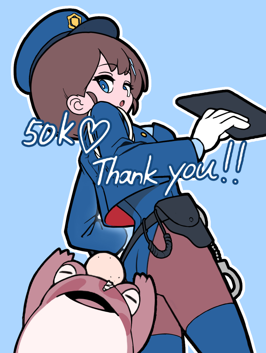 arimoto wataru, original, highres, 1girl, 1other, bed, belt, blue eyes, blue shirt, blush, blush stickers, bollard, braid, breasts, brown hair, cuffs, female service cap, frog, hair ornament, hairclip, handcuffs, hat, highleg, holster, interrogation, jacket, medium breasts, motor vehicle, necktie, open clothes, open jacket, peaked cap, playboy bunny, police, police badge, police hat, police uniform, policewoman, questioning, shirt, short hair, shoulder holster, simple background, smoke, speech bubble, thighhighs, walkie-talkie
