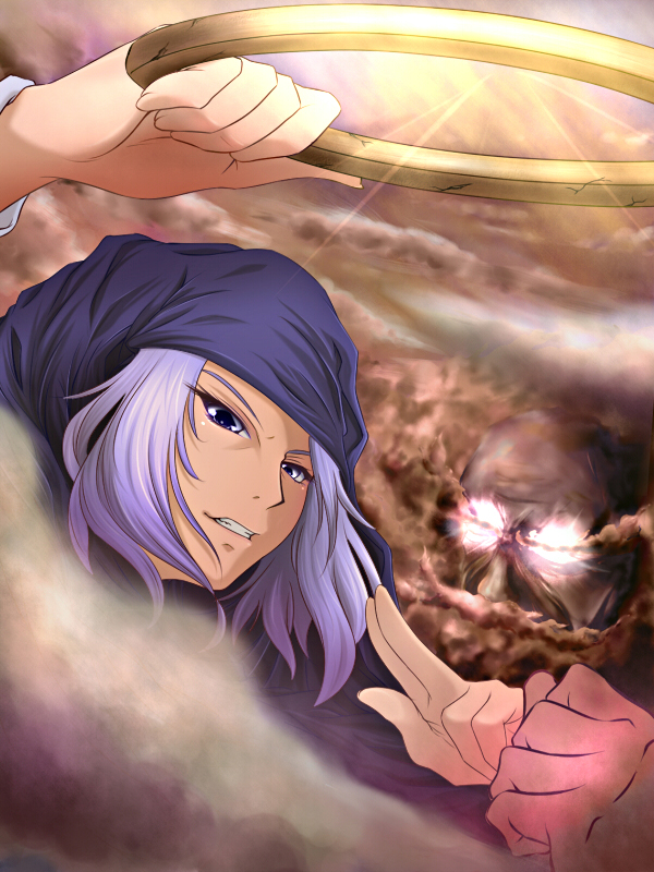 sui. (ayase), kumoi ichirin, unzan, touhou, 1girl, blue eyes, blue hair, cloud, glowing, glowing eyes, hood, magic, purple hair, teeth