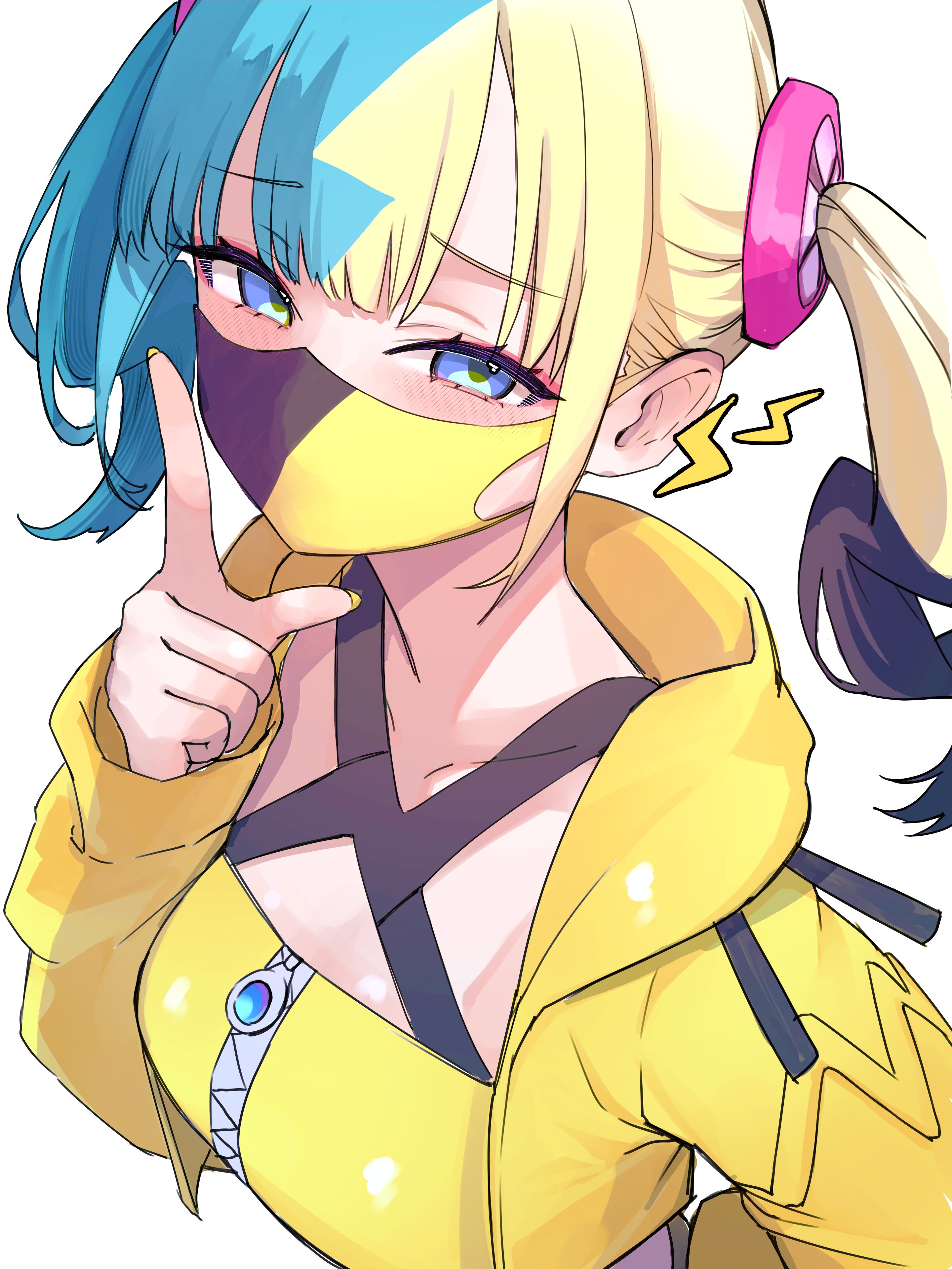 yamai yurika, canari (pokemon), nintendo, pokemon, pokemon legends: z-a, absurdres, highres, 1girl, blonde hair, blue eyes, blue hair, breasts, cropped jacket, hair ornament, hand up, jacket, long hair, long sleeves, looking at viewer, mask, medium breasts, mouth mask, multicolored hair, nail polish, open clothes, open jacket, shirt, simple background, sleeveless, sleeveless shirt, solo, split-color hair, twintails, two-tone hair, upper body, white background, yellow jacket, yellow shirt, zipper