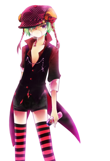 purintabetai, original, 1girl, blowing bubble gum, blowing bubbles, braid, chewing gum, female focus, green hair, hat, purple eyes, solo, striped clothes, striped thighhighs, thighhighs, twin braids