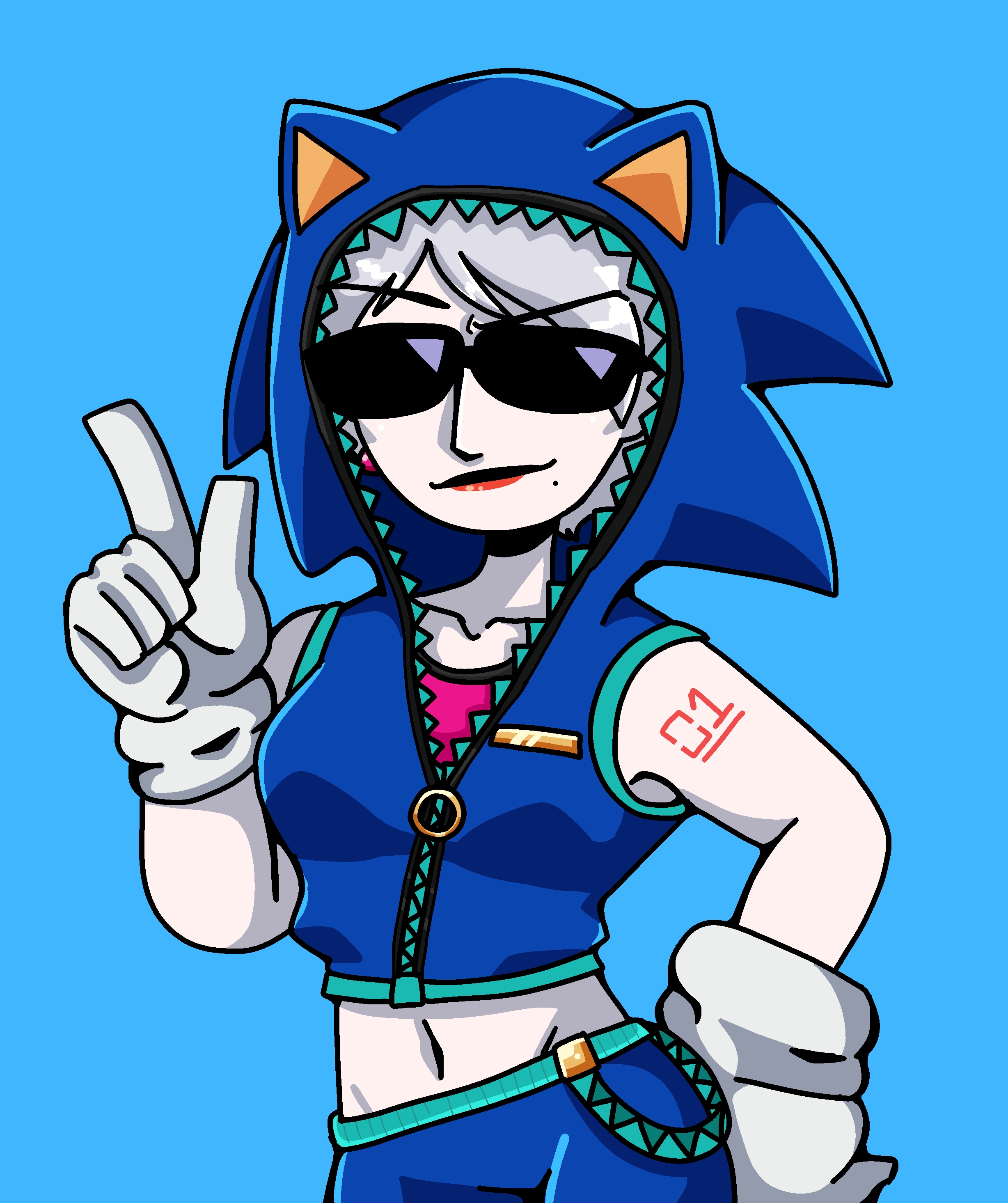 hatsune miku, strangelove, metal gear (series), sonic (series), absurdres, highres, non-web source, 1girl, albino, blue background, earrings, gloves, hedgehog, hood, hoodie, jewelry, pale skin, sunglasses, white gloves, white hair