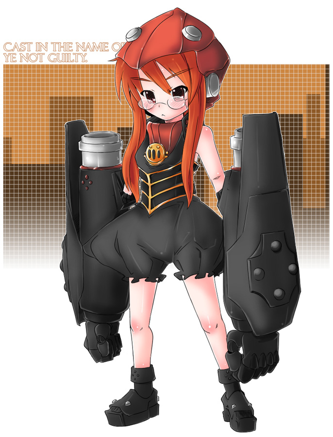 naik, nakuru box, big o (mecha), the big o, :<, bare shoulders, black romper, english text, glasses, mecha, mecha musume, orange hair, pistons, robot, romper, solo