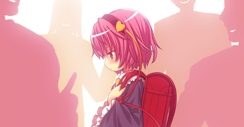 kiira, komeiji satori, touhou, bad id, bad pixiv id, lowres, 1girl, 4others, aged down, backpack, bag, blush, female focus, hairband, heart, multiple others, pink hair, purple eyes, randoseru, short hair, silhouette, solo, upper body