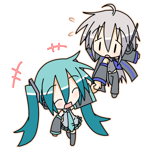 minami (colorful palette), chibi miku, hatsune miku, yowane haku, vocaloid, 2girls, aged down, ahoge, aqua hair, blush, chibi, holding hands, long hair, multiple girls, smile, sweat, thighhighs, twintails, very long hair, | |