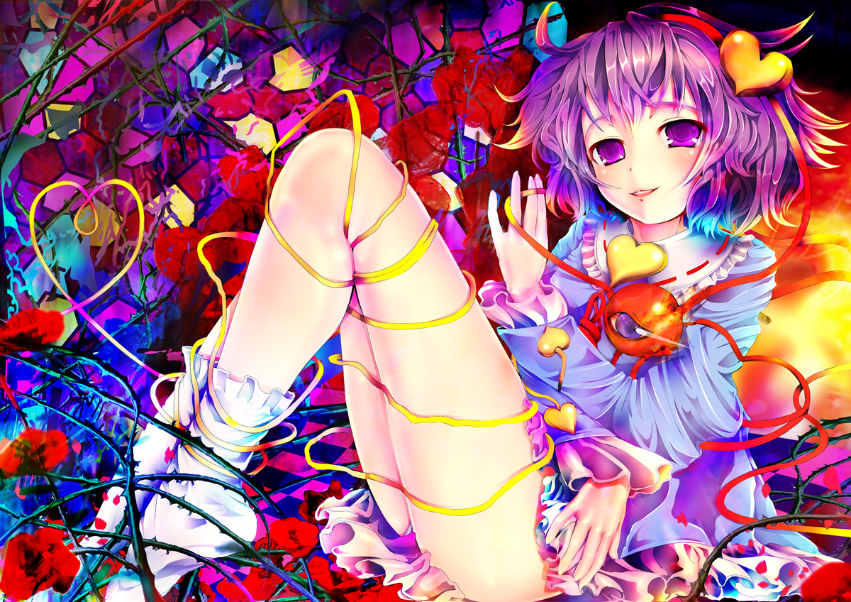 teruru, komeiji satori, touhou, eyebrows, 1girl, blue shirt, checkered floor, collar, colorful, eyeball, female focus, flower, frilled shirt collar, frills, full body, hairband, heart, heart of string, legs, lips, long sleeves, looking at viewer, mosaic background, panties, pantyshot, purple eyes, purple hair, red flower, red hairband, red ribbon, red rose, ribbon, ribbon-trimmed collar, ribbon trim, rose, shirt, short hair, sitting, socks, solo, thorns, underwear, white collar