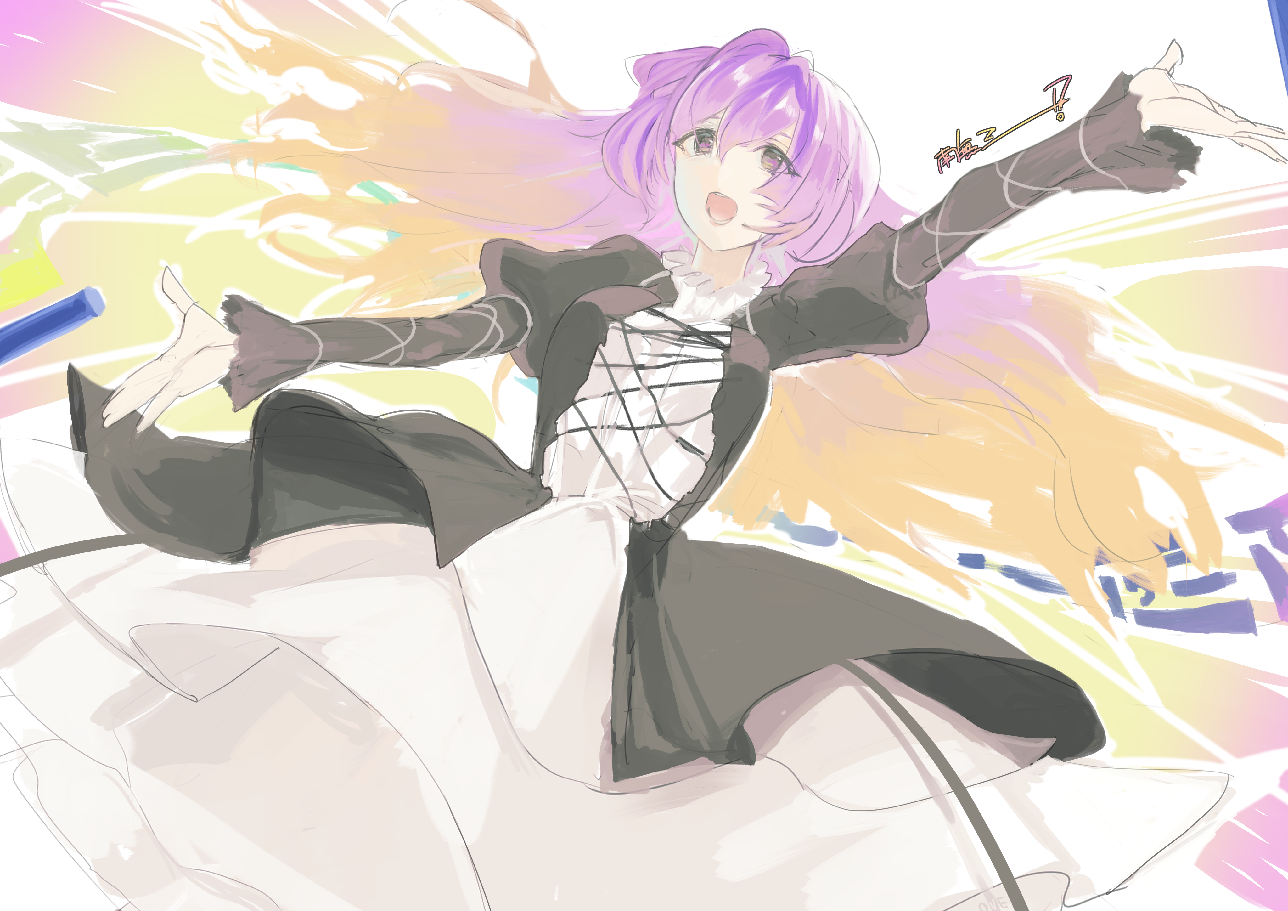 ove (user vcdx4582), hijiri byakuren, touhou, absurdres, commentary request, highres, 1girl, black dress, blonde hair, breasts, dress, gradient hair, hair between eyes, long hair, long sleeves, medium breasts, multicolored hair, open mouth, purple eyes, purple hair, solo, sorcerer's sutra scroll, teeth, two-tone dress, white background, white dress