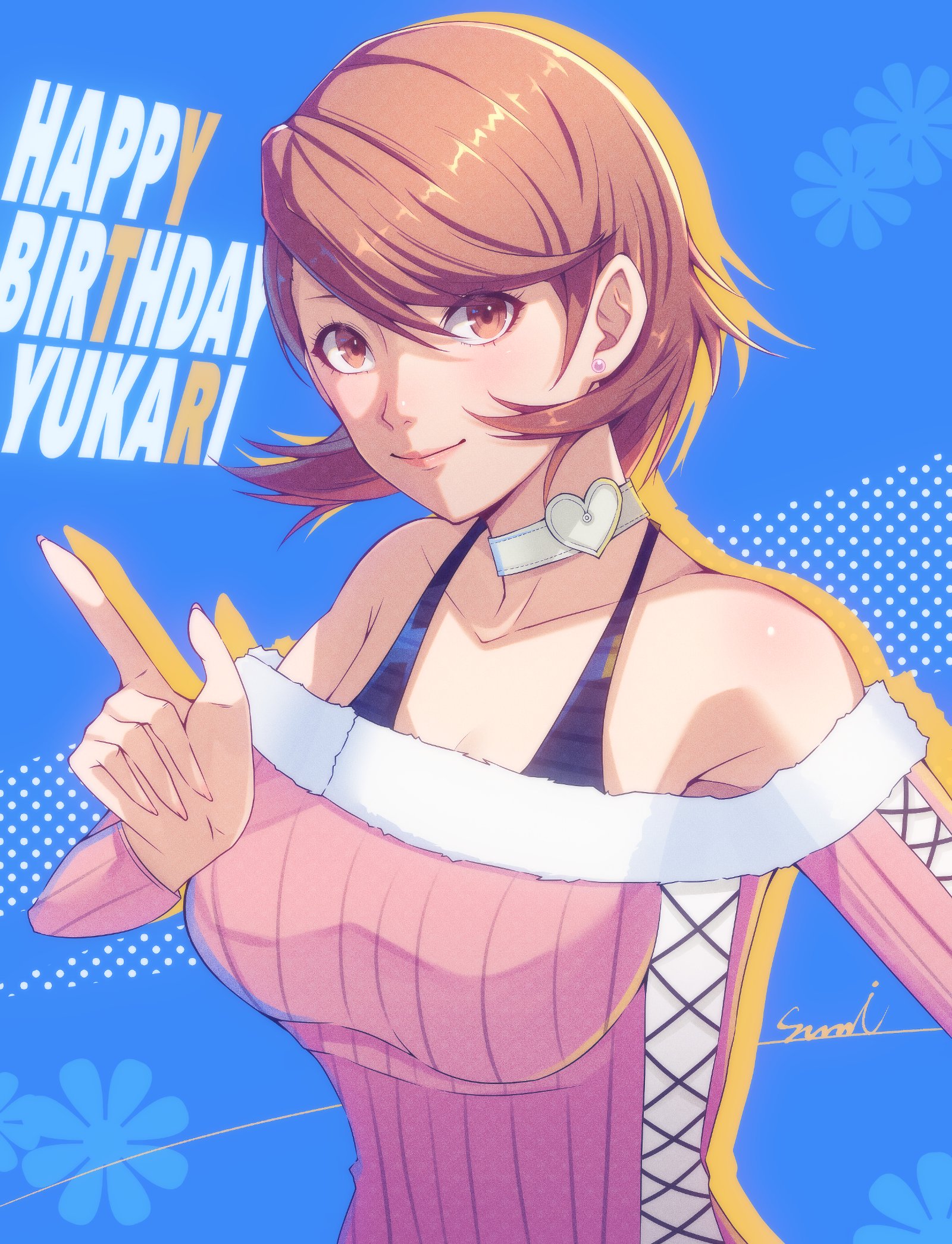 corner50777313, takeba yukari, persona, persona 3, commentary request, highres, 1girl, armpit crease, armpit peek, bare shoulders, birthday, blue background, bra strap, breasts, brown eyes, brown hair, character name, choker, closed mouth, collarbone, cross-laced clothes, cross-laced sleeves, cross-laced sweater, earrings, flipped hair, fur-trimmed sweater, fur trim, halterneck, happy birthday, heart, heart choker, index finger raised, jewelry, large breasts, light blush, looking at viewer, off-shoulder sweater, off shoulder, official alternate costume, pink lips, pink sweater, ribbed sweater, short hair, signature, smile, solo, stud earrings, sweater, upper body, white choker