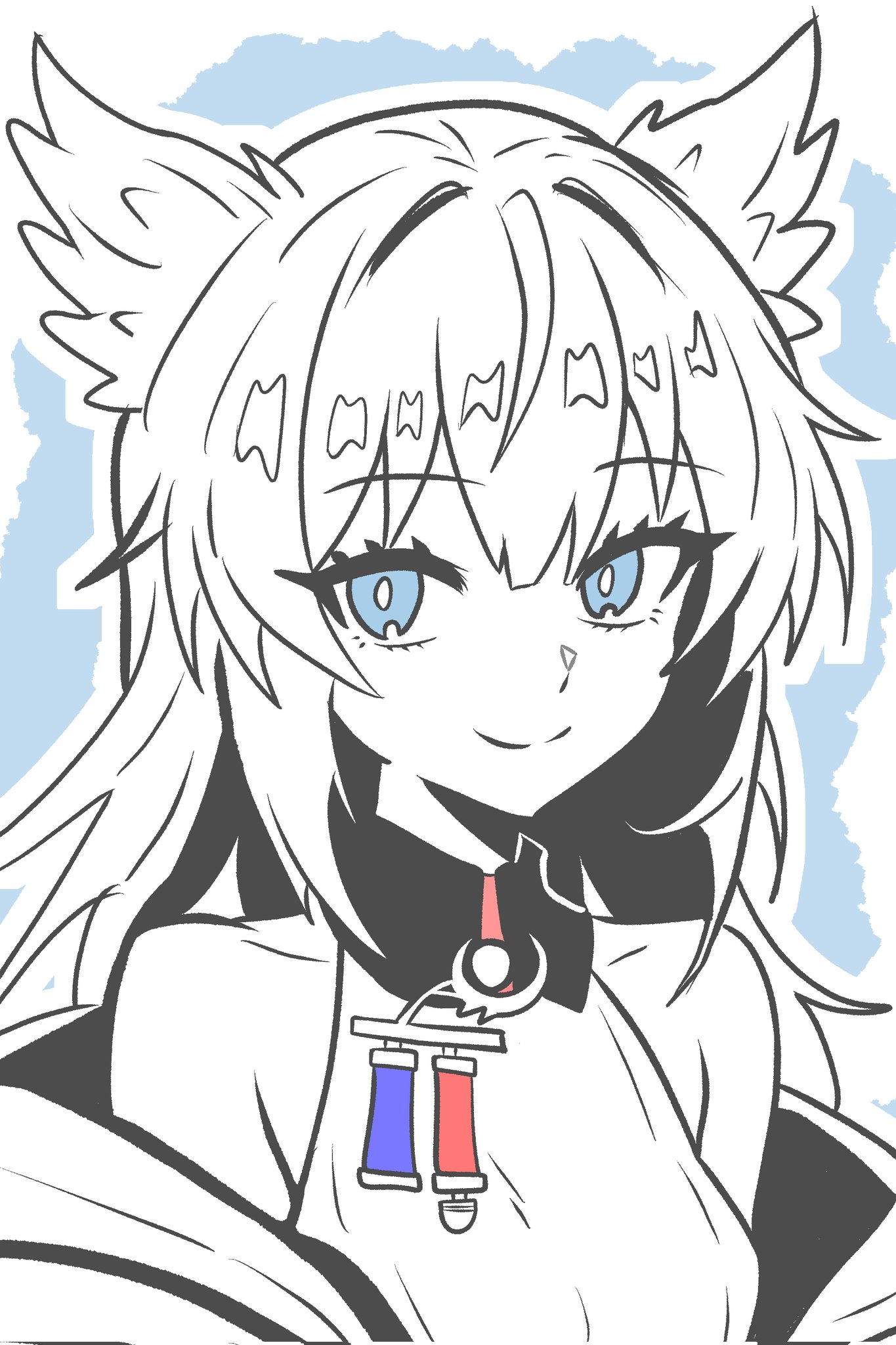 lucia (luciatehe), perlica (arknights), arknights, arknights: endfield, commentary, corrupted twitter file, english commentary, highres, 1girl, bare shoulders, blue eyes, closed mouth, jacket, long hair, looking at viewer, off shoulder, partially colored, portrait, shirt, sleeveless, sleeveless shirt, smile, solo, split mouth