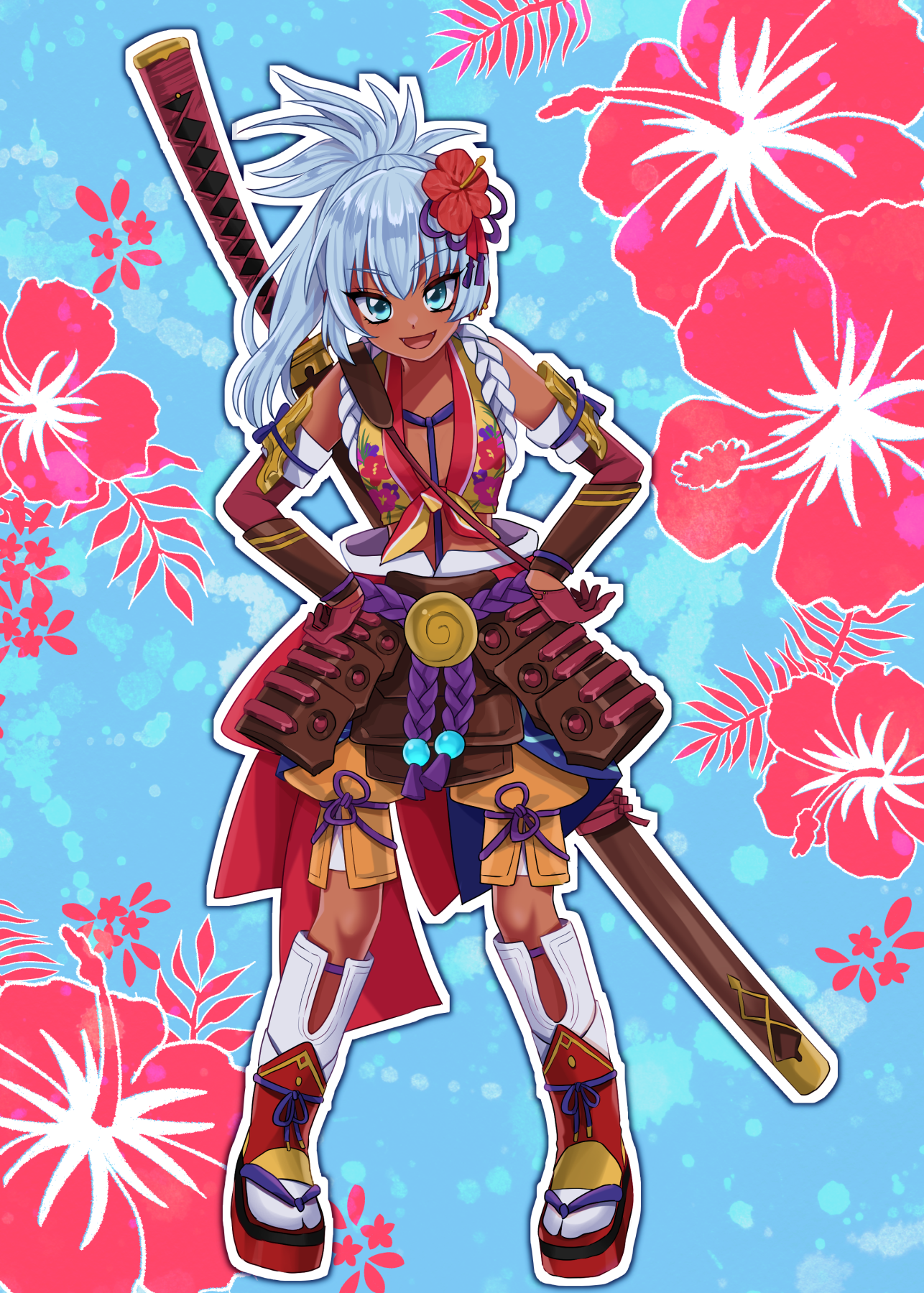 matsuri (rune factory), rune factory, rune factory: guardians of azuma, highres, 1girl, arm guards, armor, blue eyes, blue hair, dark-skinned female, dark skin, erinoyuioi, floral print, floral print shirt, flower, flower ornament, gold, hibiscus, hibiscus print, hip armor, japanese armor, japanese clothes, long hair, looking at viewer, pants, red flower, yellow pants