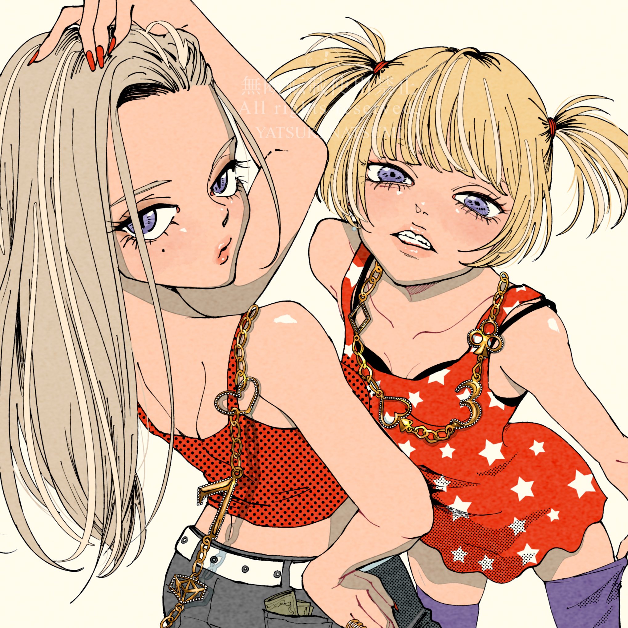 yatsuki natsumi, original, commentary request, highres, 2girls, belt, black bra, blonde hair, bra, bra peek, breasts, chain, closed mouth, collarbone, dress, fanged bangs, fingernails, gold chain, hair pulled back, hair tie, long hair, looking at viewer, looking back, mole, mole under eye, money, multiple girls, nail polish, open mouth, pants, purple eyes, purple thighhighs, pursed lips, red dress, red nails, shoulder blades, small breasts, standing, star (symbol), tank top, teeth, thighhighs, tucked money, twintails, underwear, white belt