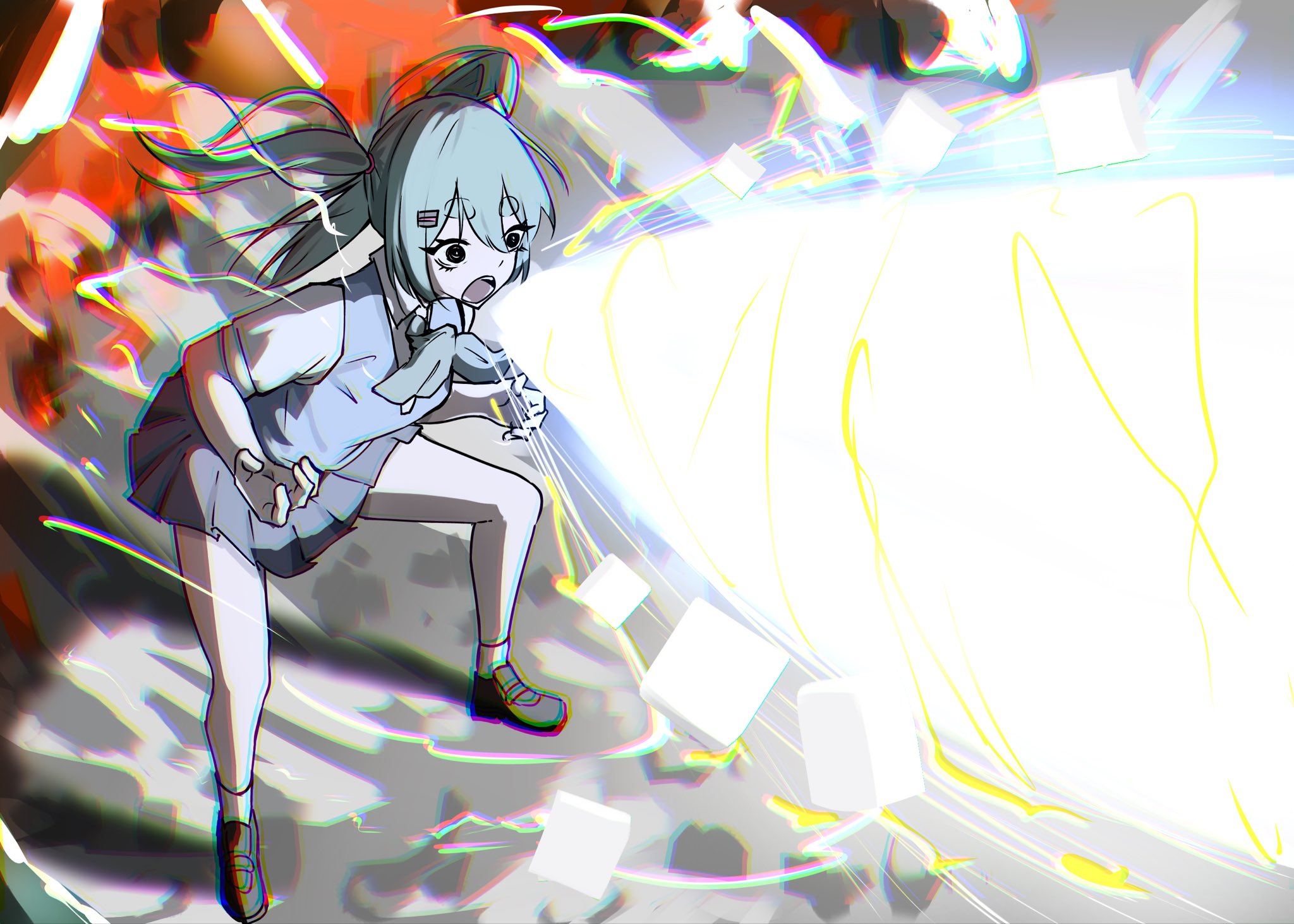 feluppy125, hatsune miku, vocaloid, commentary, highres, 1girl, black eyes, blue hair, blue skirt, blue vest, chromatic aberration, claw pose, energy beam, hair ornament, hairclip, kaijuu ni naritai (vocaloid), leaning forward, long hair, miniskirt, mouth beam, neckerchief, open mouth, pleated skirt, school uniform, shirt, short sleeves, skirt, solo, standing, twintails, vest, white shirt