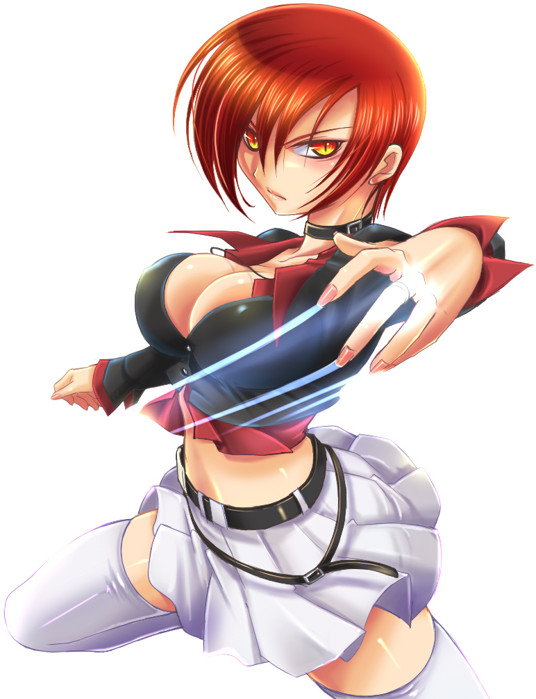 kip, kouno yuki (kip), yagami iori, snk, the king of fighters, gender request, 1girl, blush, breasts, cleavage, female focus, genderswap, large breasts, midnight bliss, red hair, skirt, slit pupils, solo, thighhighs, yellow eyes, zettai ryouiki