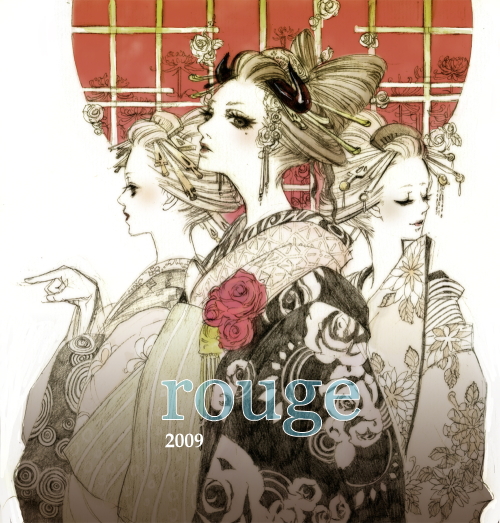 miryon, original, looking away, 00s, 2009, 3girls, closed eyes, comb, expressionless, eyelashes, floral print, flower, from side, hair ornament, hair stick, horns, japanese clothes, kimono, lipstick, looking at viewer, makeup, mole, mole under eye, multiple girls, muted color, oiran, pointing, profile, red rose, rose, rose print, sepia, smile