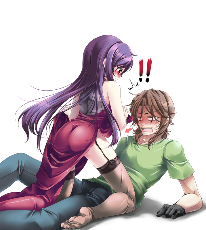 shinolion, takitsume shino, lockon stratos, neil dylandy, tieria erde, gundam, gundam 00, nylons, bad id, !, 00s, 2boys, ass, bare shoulders, blush, dress, feet, garter belt, garter straps, gloves, long hair, male focus, multiple boys, purple hair, surprised, thighhighs, trap