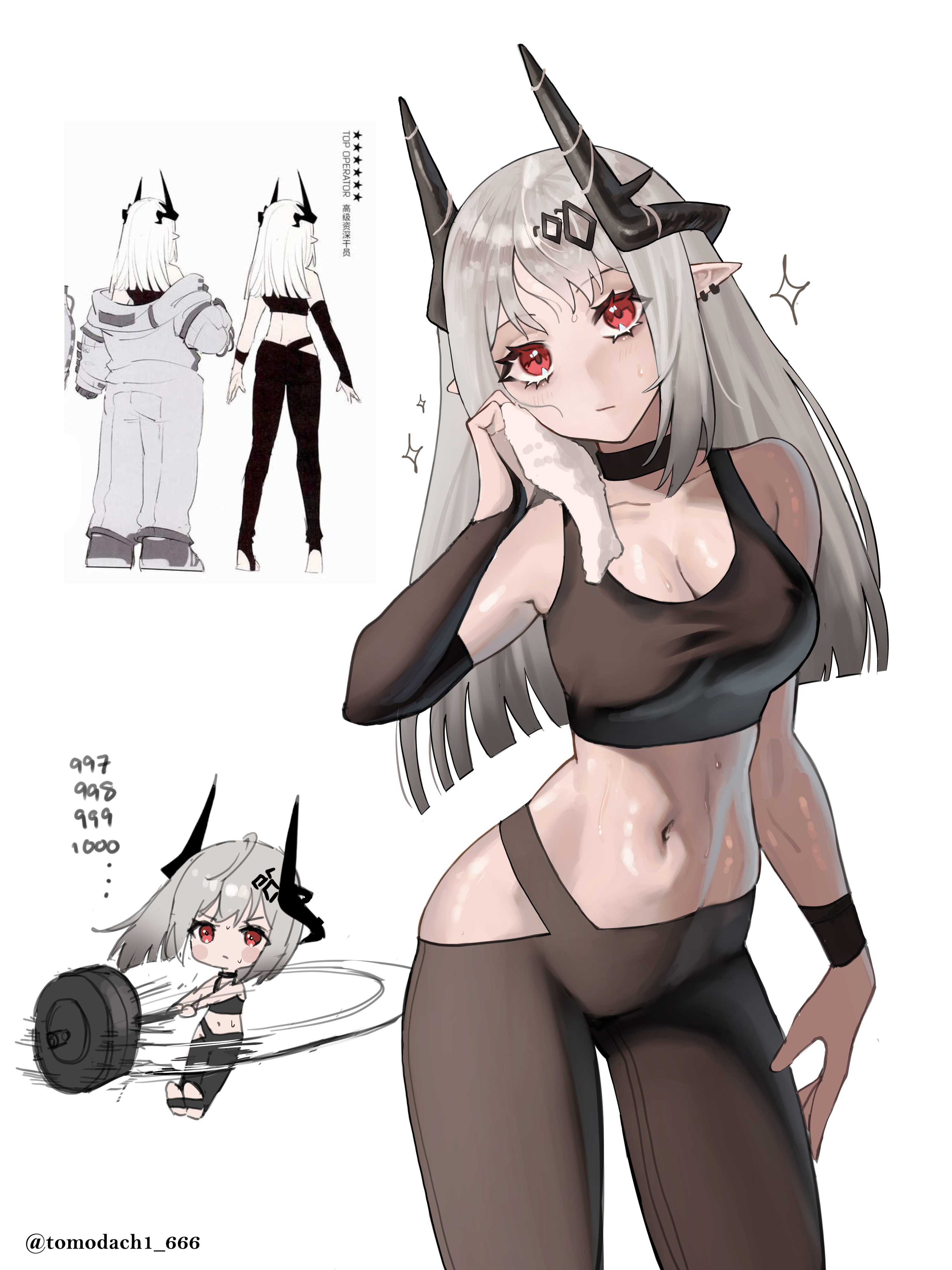 tomodach1666, mudrock (arknights), mudrock (elite ii) (arknights), arknights, absurdres, commentary request, concept art, highres, 1girl, bare shoulders, black choker, black horns, black leggings, black sports bra, breasts, chibi, choker, cleavage, closed mouth, collarbone, crop top, ear piercing, grey hair, holding, holding towel, horns, leggings, long hair, medium breasts, midriff, motion lines, multiple views, navel, piercing, pointy ears, red eyes, simple background, sleeveless, sparkle, speed lines, sports bra, sweat, towel, twitter username, white background, white hair