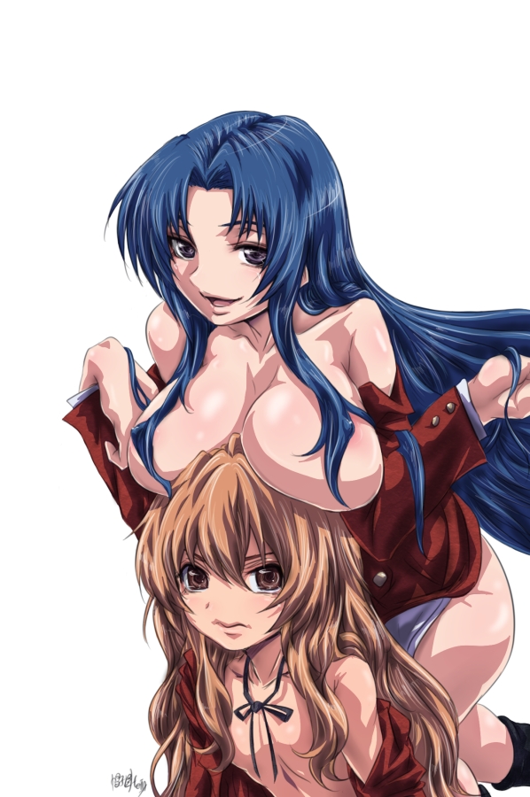 madhatter hello, aisaka taiga, kawashima ami, toradora!, bad id, bad pixiv id, 00s, 2girls, blue hair, breast rest, breasts, breasts on head, brown eyes, brown hair, censored, convenient censoring, covered erect nipples, flat chest, hair censor, hair over breasts, large breasts, long hair, multiple girls, school uniform
