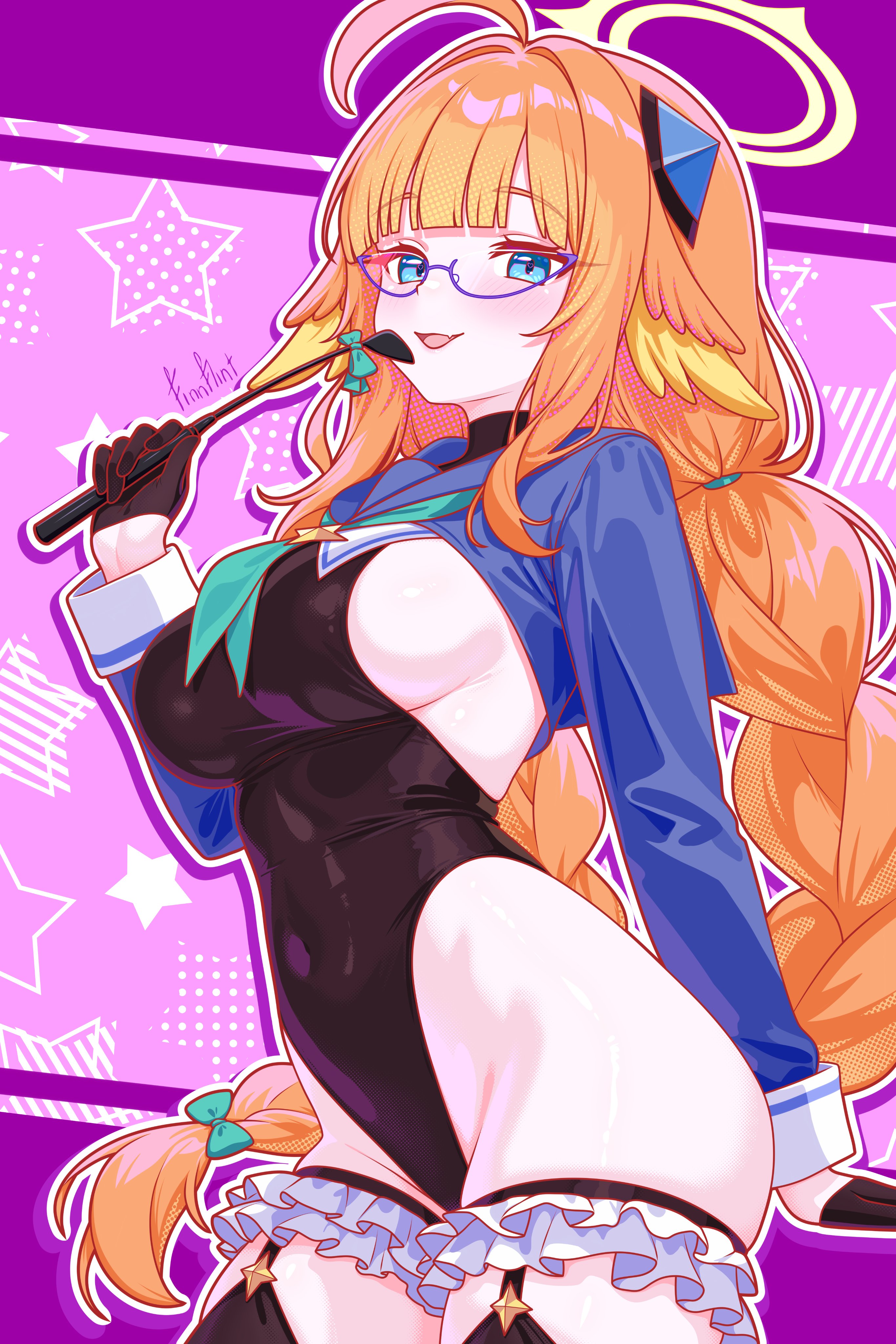 finn flint, shimiko (blue archive), shimiko (magical) (blue archive), blue archive, absurdres, commentary, hashtag-only commentary, highres, symbol-only commentary, 1girl, ahoge, artist name, black gloves, black leotard, black thighhighs, blue-framed eyewear, blue eyes, blue shrug, blush, braid, breasts, covered navel, fang, feather hair, frilled thigh strap, gloves, half gloves, halo, highleg, highleg leotard, holding, holding riding crop, impossible clothes, impossible leotard, large breasts, legwear garter, leotard, long hair, looking at viewer, low twin braids, official alternate costume, open mouth, orange hair, riding crop, semi-rimless eyewear, shrug (clothing), skin fang, solo, thigh strap, thighhighs, twin braids, yellow halo